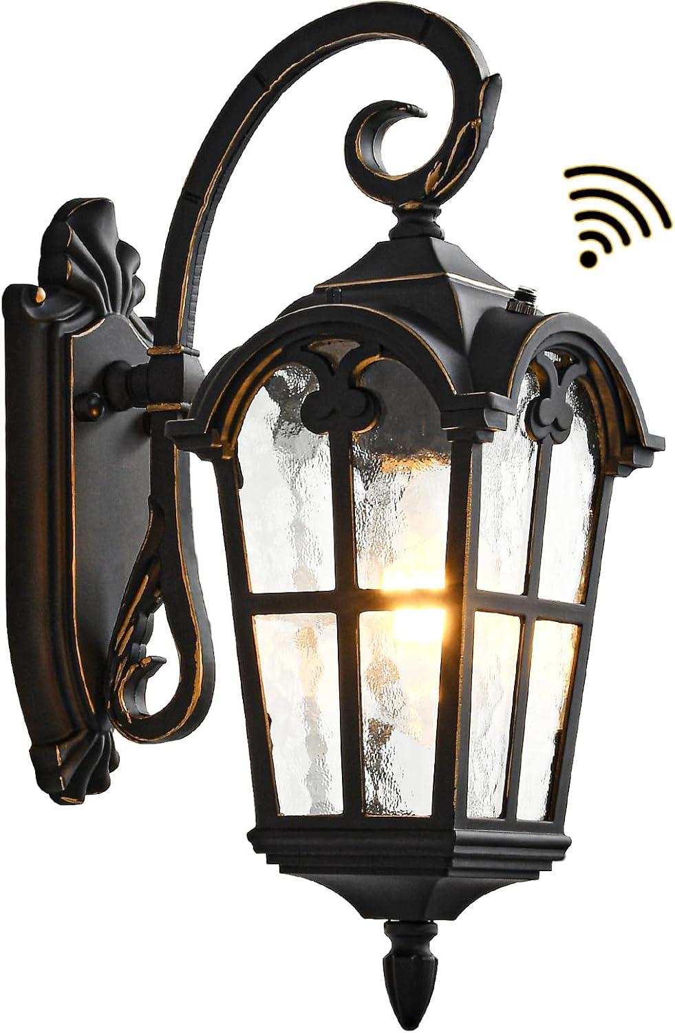 Dusk to Dawn Outdoor Wall Lights 17.1" H Large Exterior Lighting Fixtures Black Porch Light Waterproof Roman Wall Lantern with Water Ripple Glass for House Garage Patio
