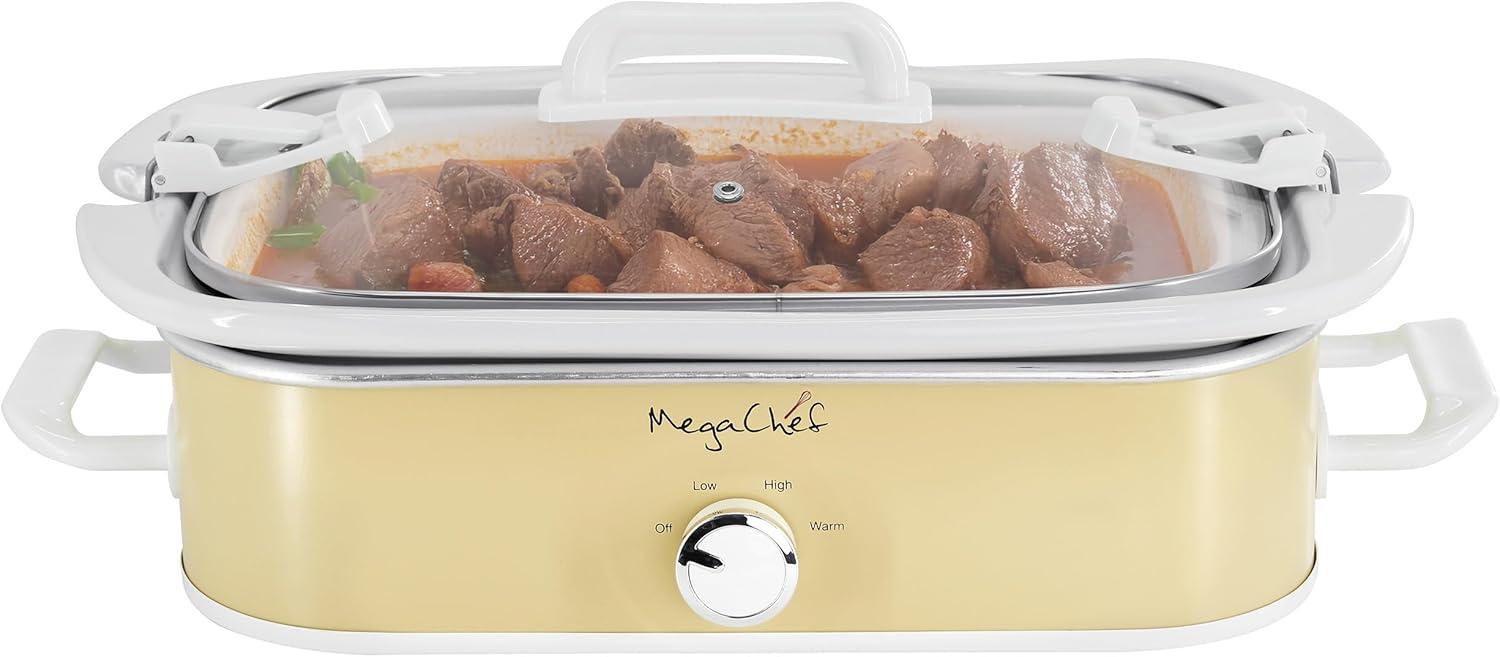 MegaChef 3.5qt Casserole Slow Cooker with 3 Temperature Settings Cream: Stainless Steel, Stoneware, Glass, Dishwasher-Safe Parts