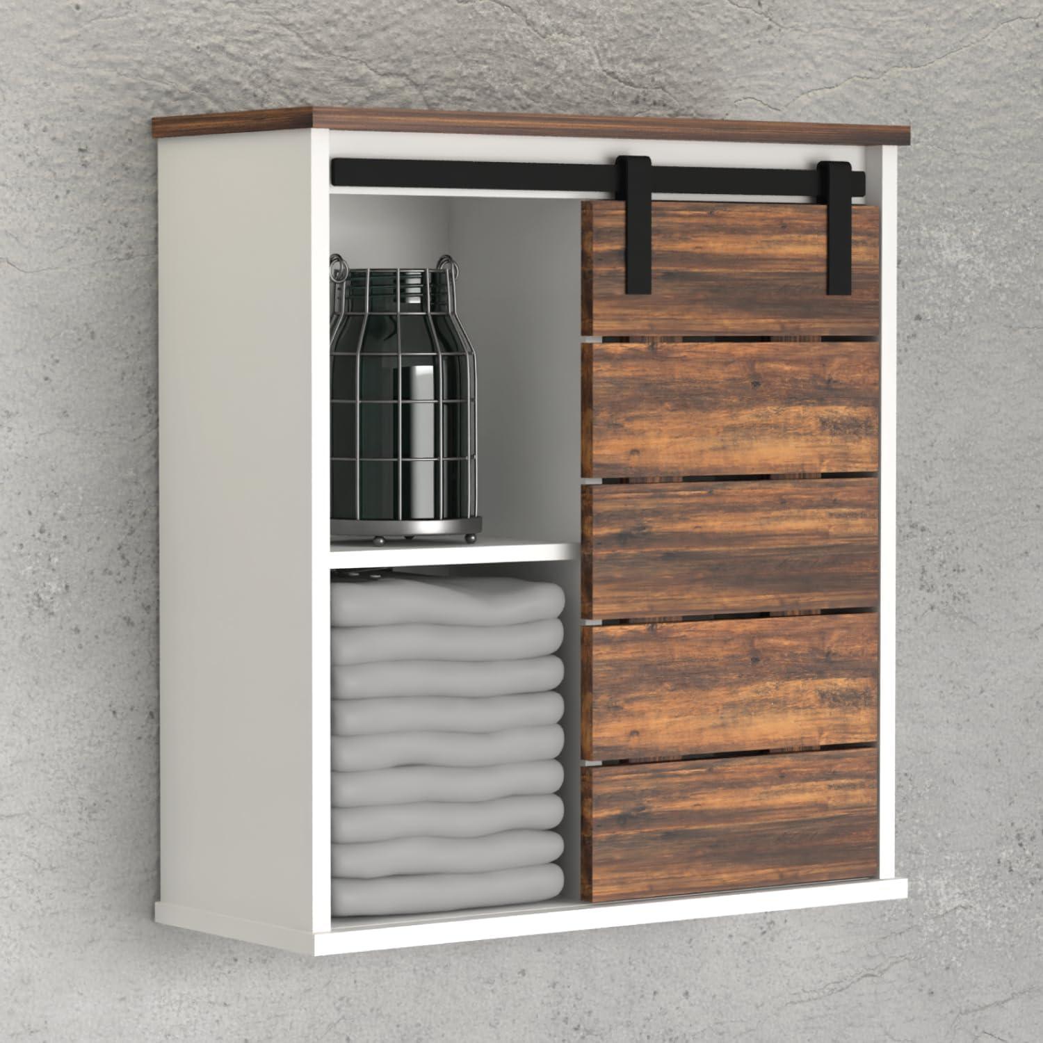 White and Brown Wood Wall Mounted Bathroom Cabinet with Sliding Barn Door