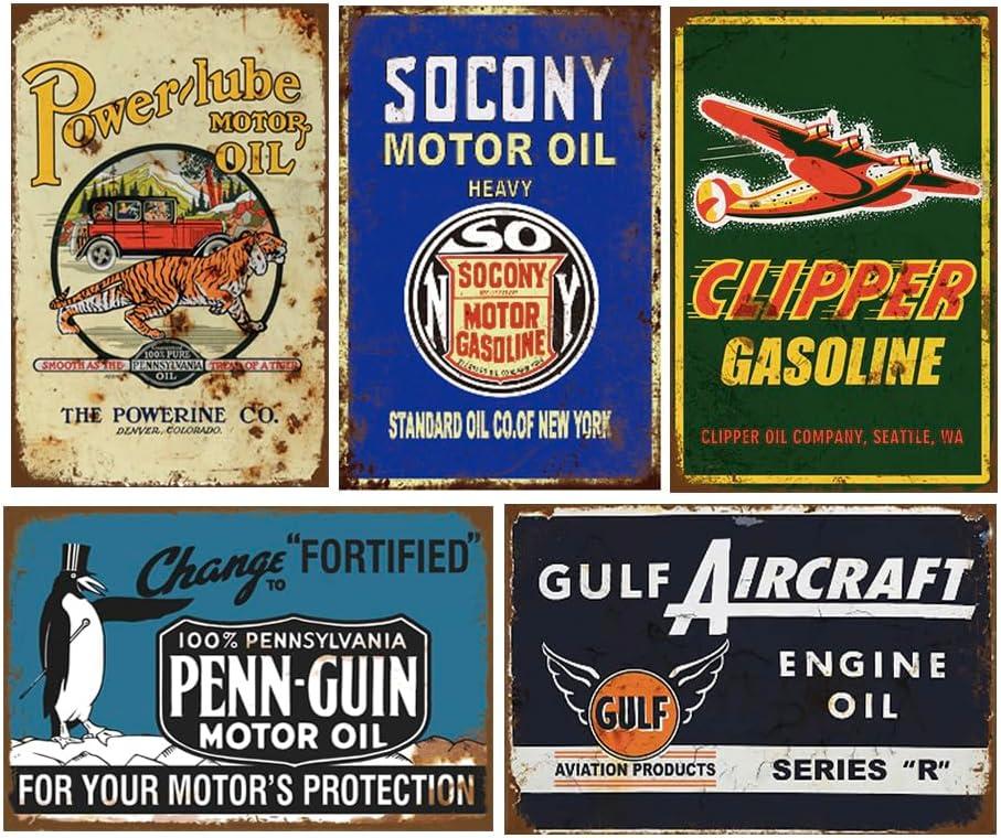Reproduced Vintage Tin Sign Pack, Gas Oil Retro Advert Antique Metal Signs for Garage Man Cave Bar Kitchen, Nostalgic Car Decor, 8x12 Inch (35 Pieces A)