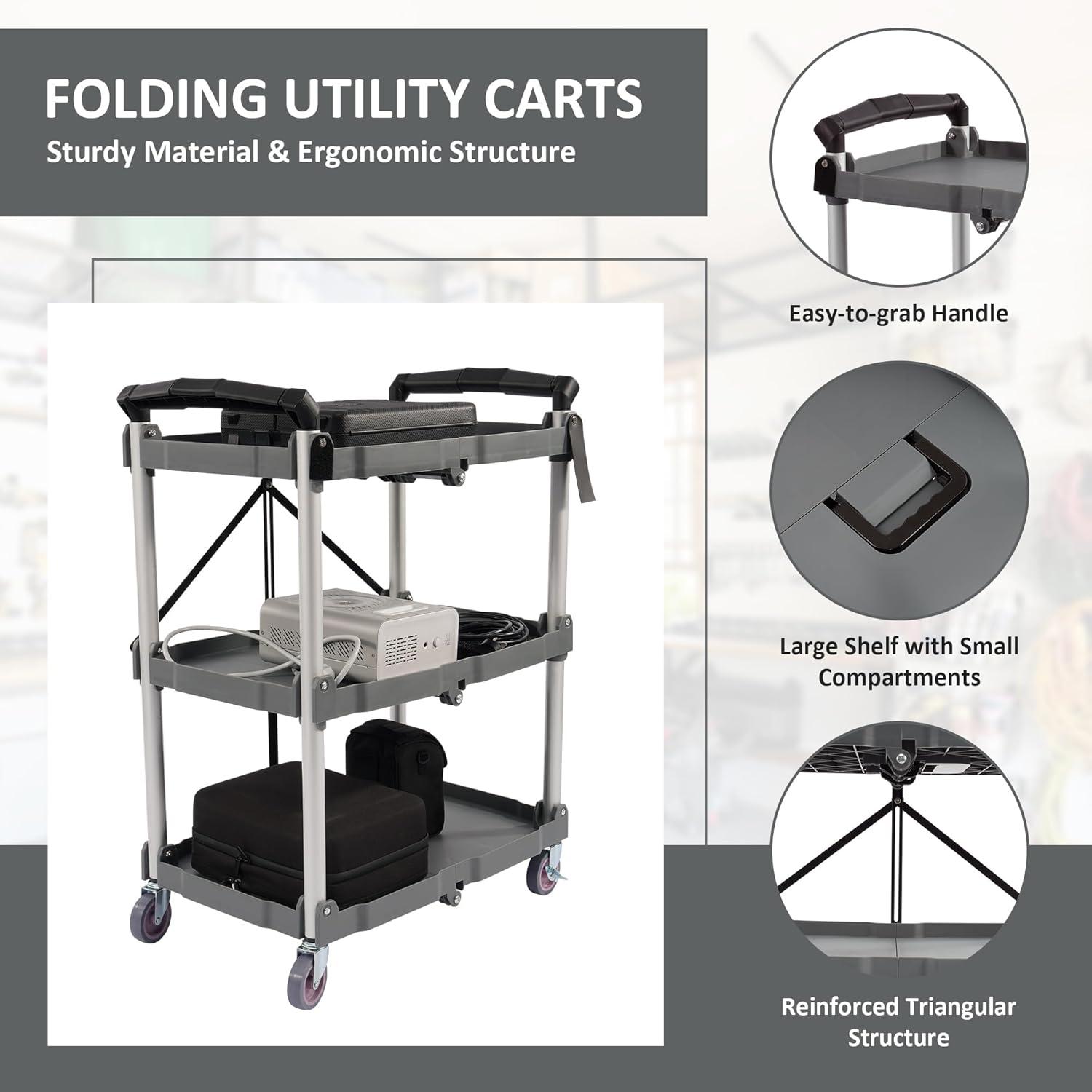 Elevon Aluminum Service Push Cart Portable Utility 3 Tier Collapsible Shelving Unit with Wheels for Home Office Organization, Gray