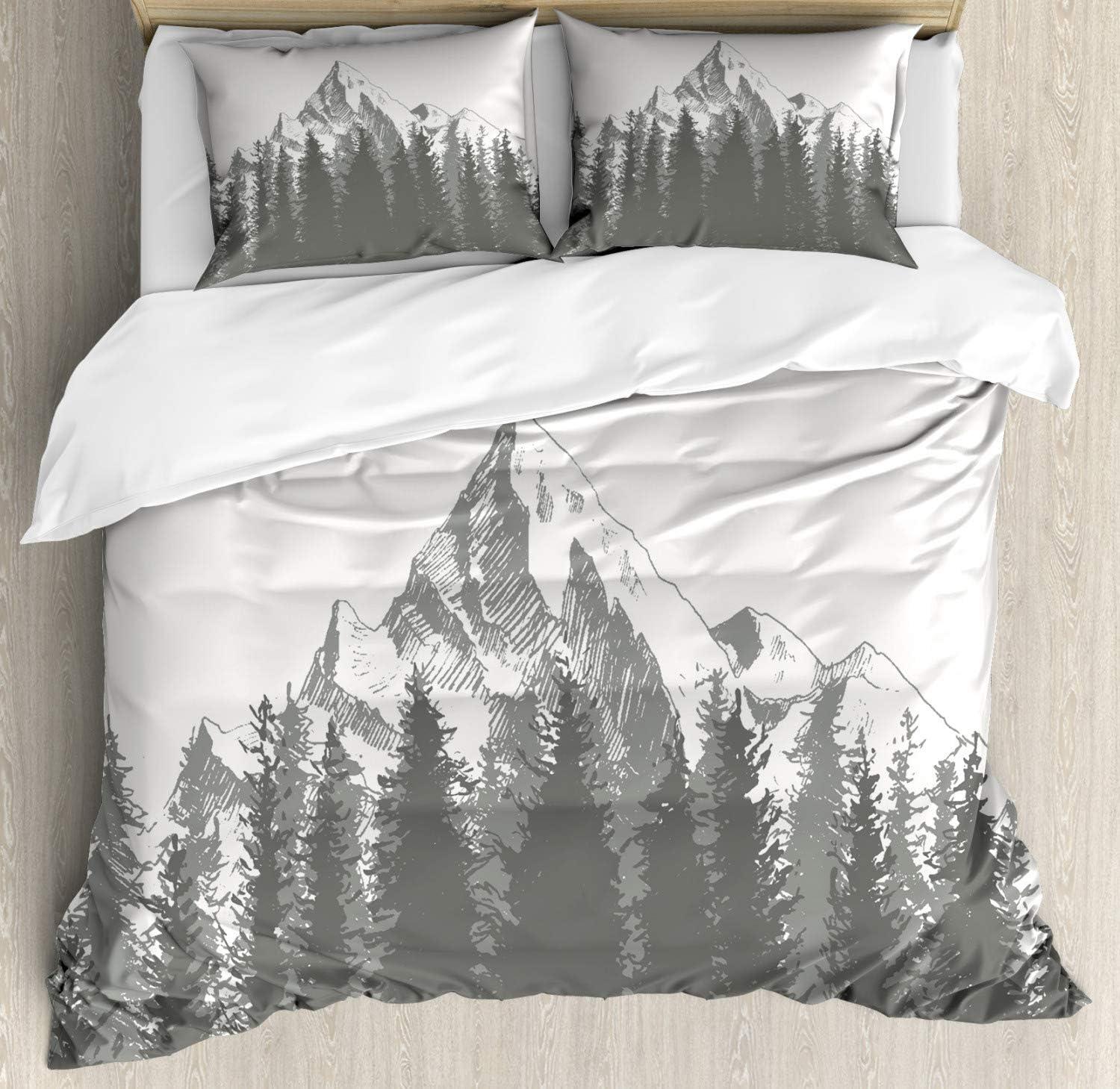 Taupe and Gray Mountain Forest Queen Duvet Cover Set