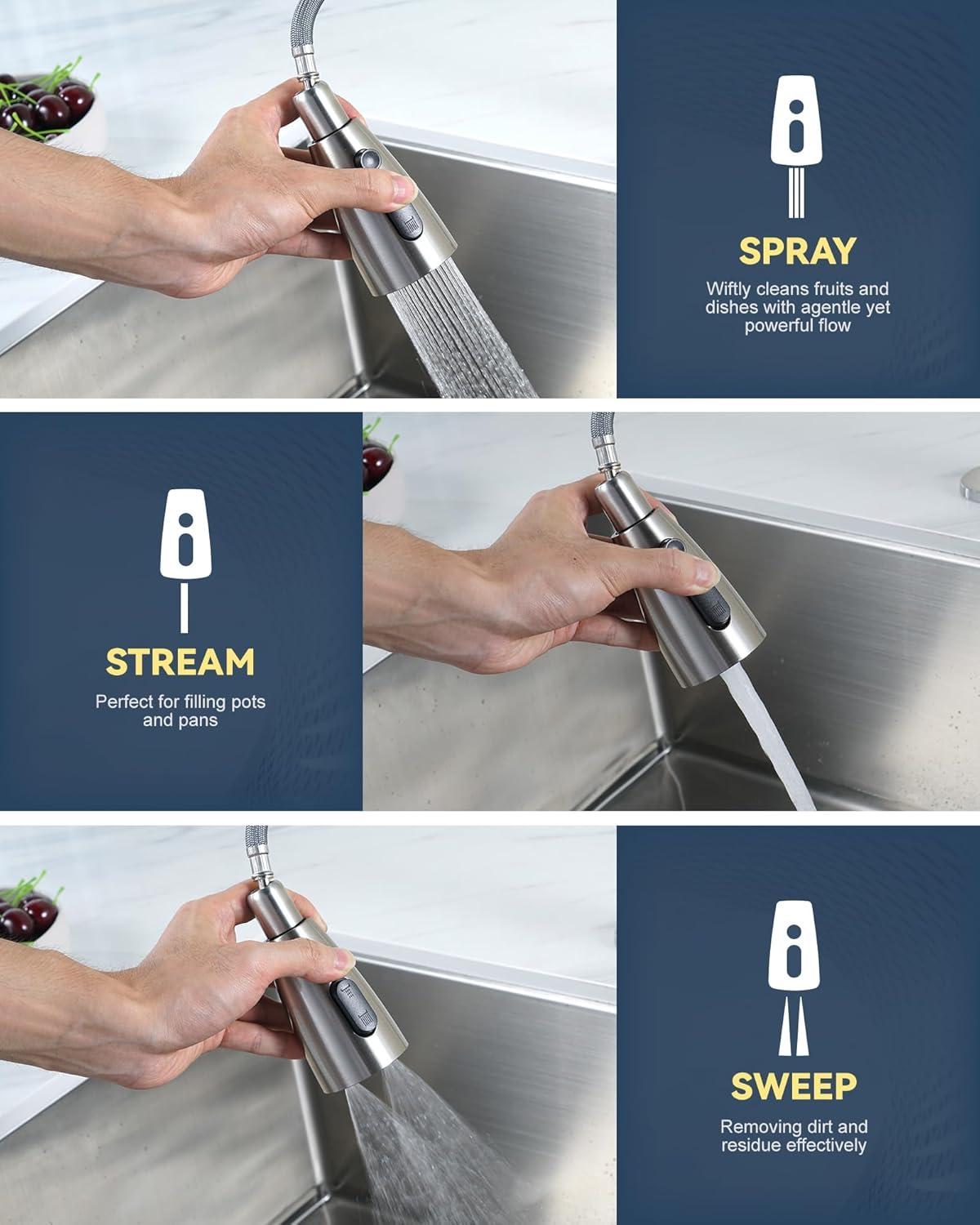 Kitchen Faucet with Air Gap: WOWOW Stainless Steel Kitchen Sink Faucet and Dishwasher Air Gap Kits for Kitchen Sink 2 or 4 Hole, Brushed Nickel Finish
