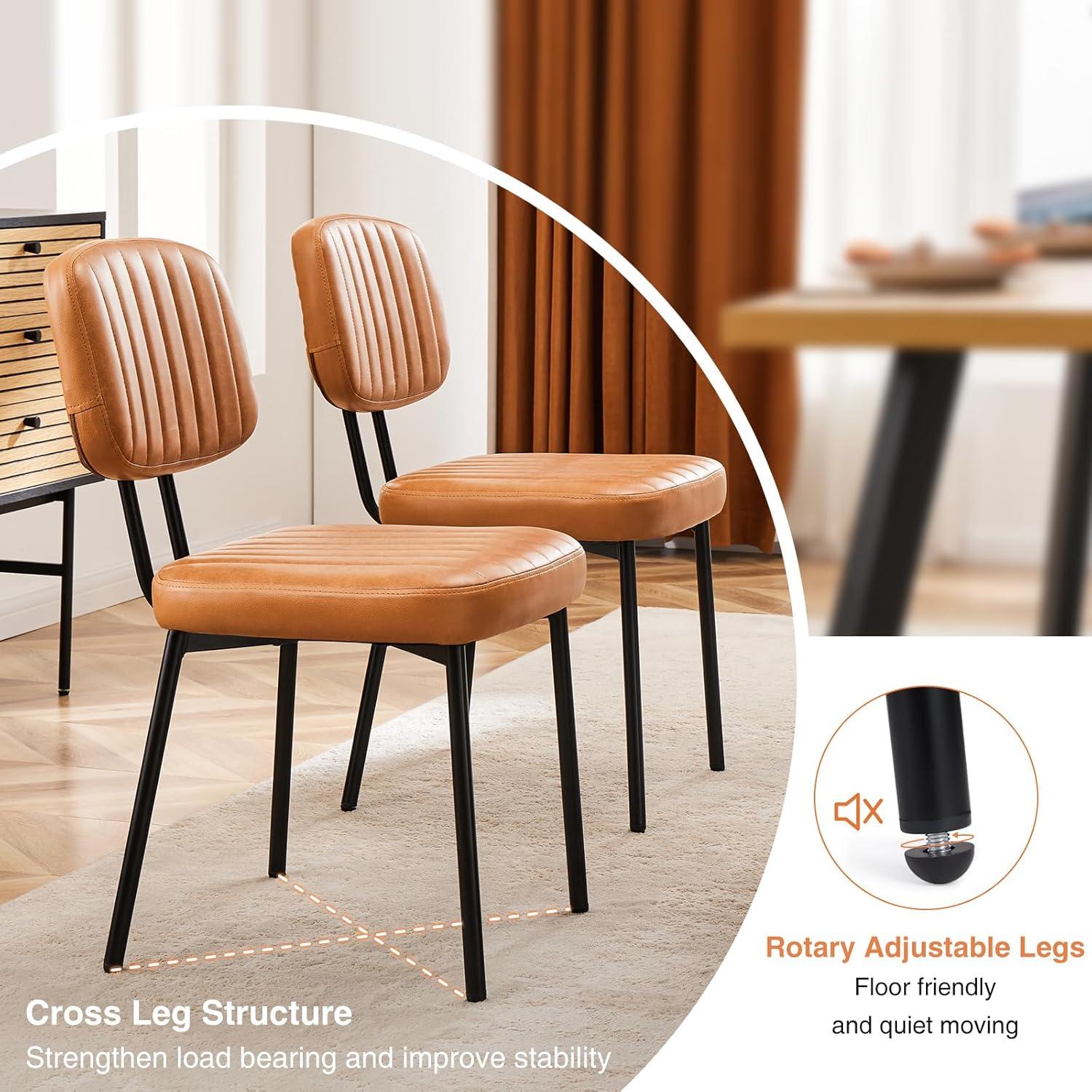 Mid-Century Modern Brown Faux Leather Upholstered Dining Chairs with Metal Legs, Set of 2