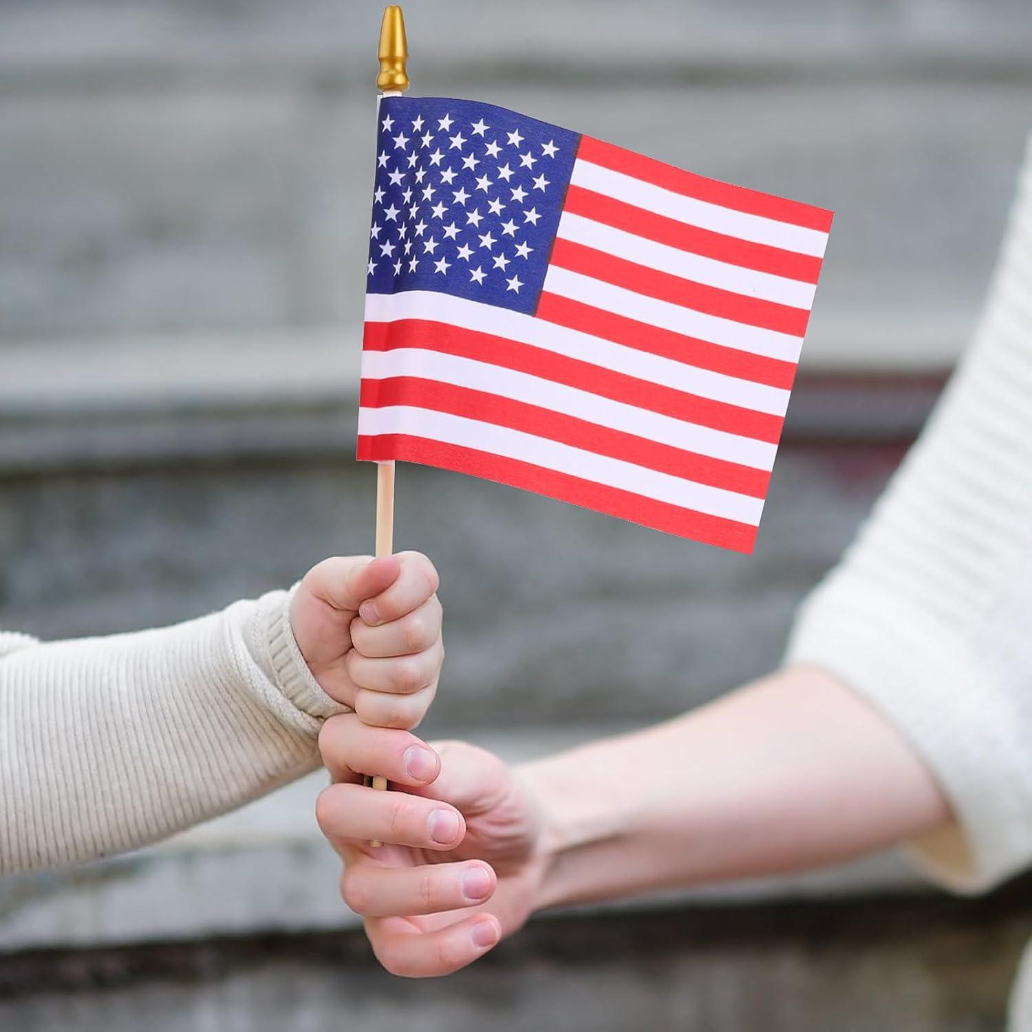 12 Pack Small American Flags Small US Flags/Mini American Flag on Stick 8x12 Inch US American Hand Held Stick Flags with Kid-Safe Spear Top, Polyester Full Color Tear-Resistant Flag