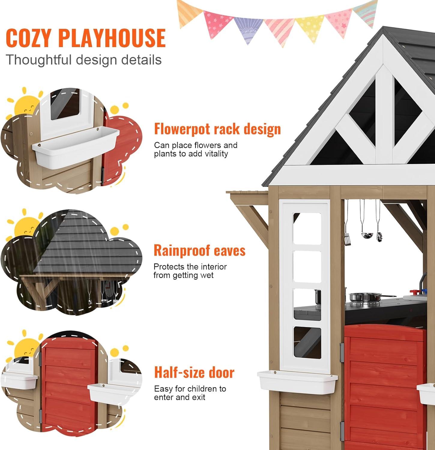 Modern Cedar Outdoor Playhouse with Kitchen and Flower Pot Holder