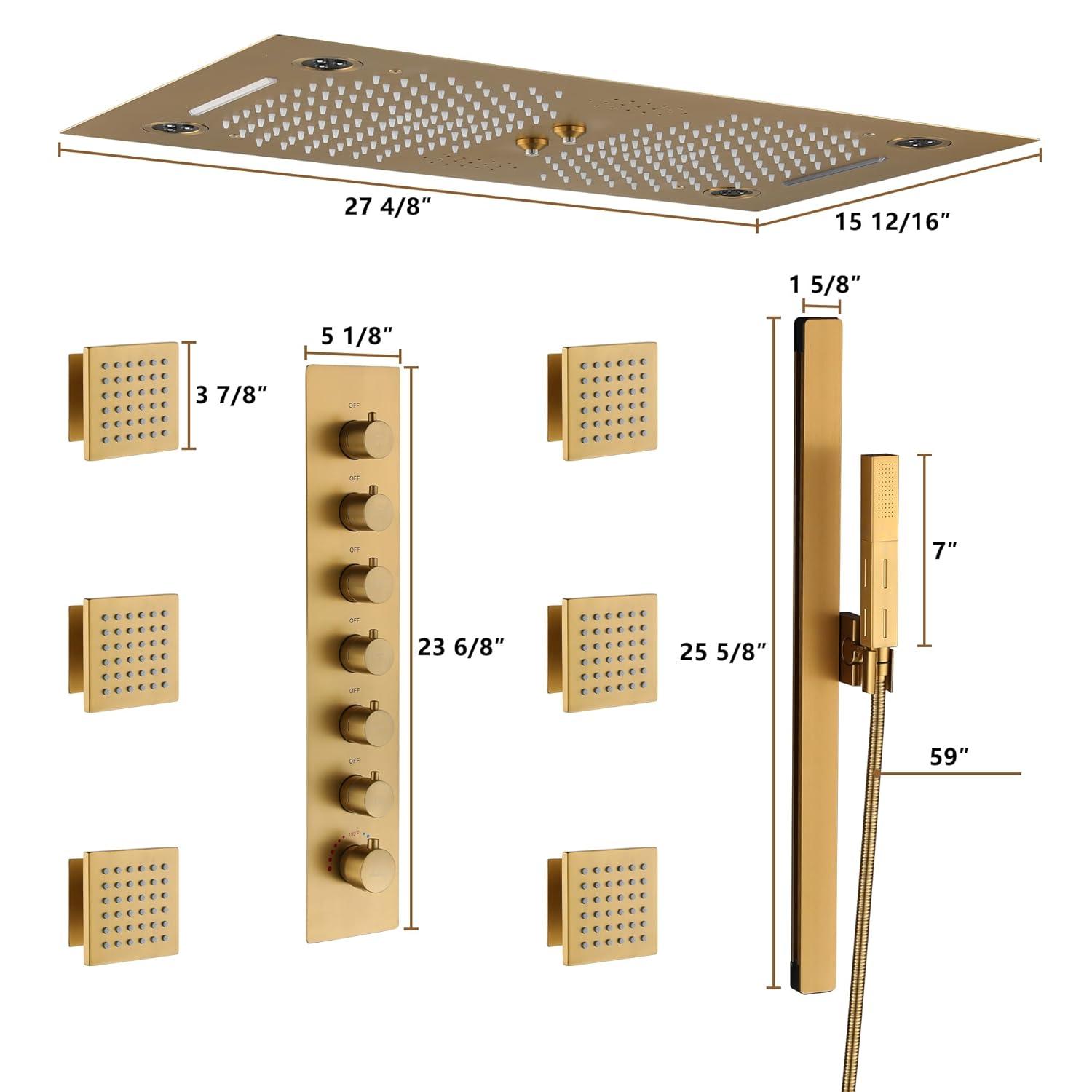 Rodeo 27.5-Inch LED&Music Rainfall Thermostatic Shower System with Slide Bar and 2-in-1 Handheld