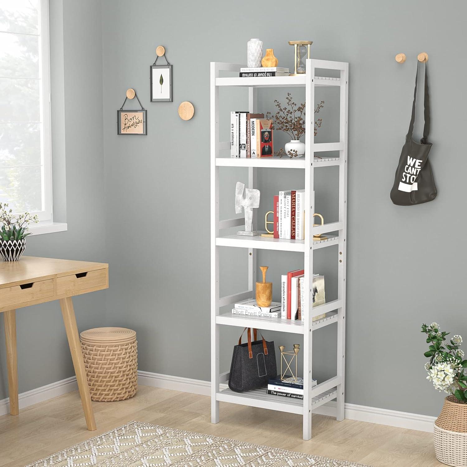 White Bamboo 5-Tier Adjustable Freestanding Bookshelf