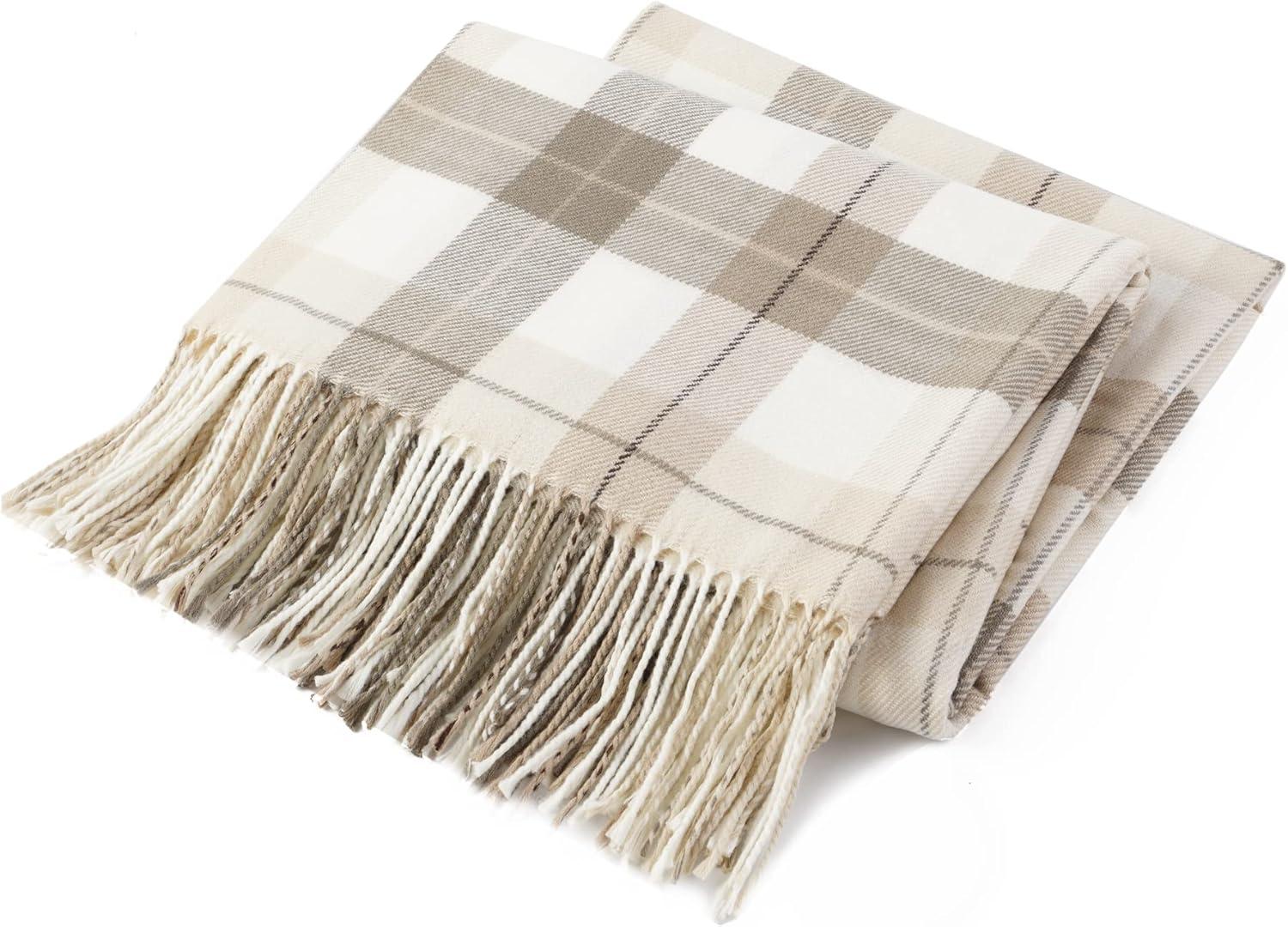 Grey and White Knitted Wool Plaid Throw Blanket 50"x60"