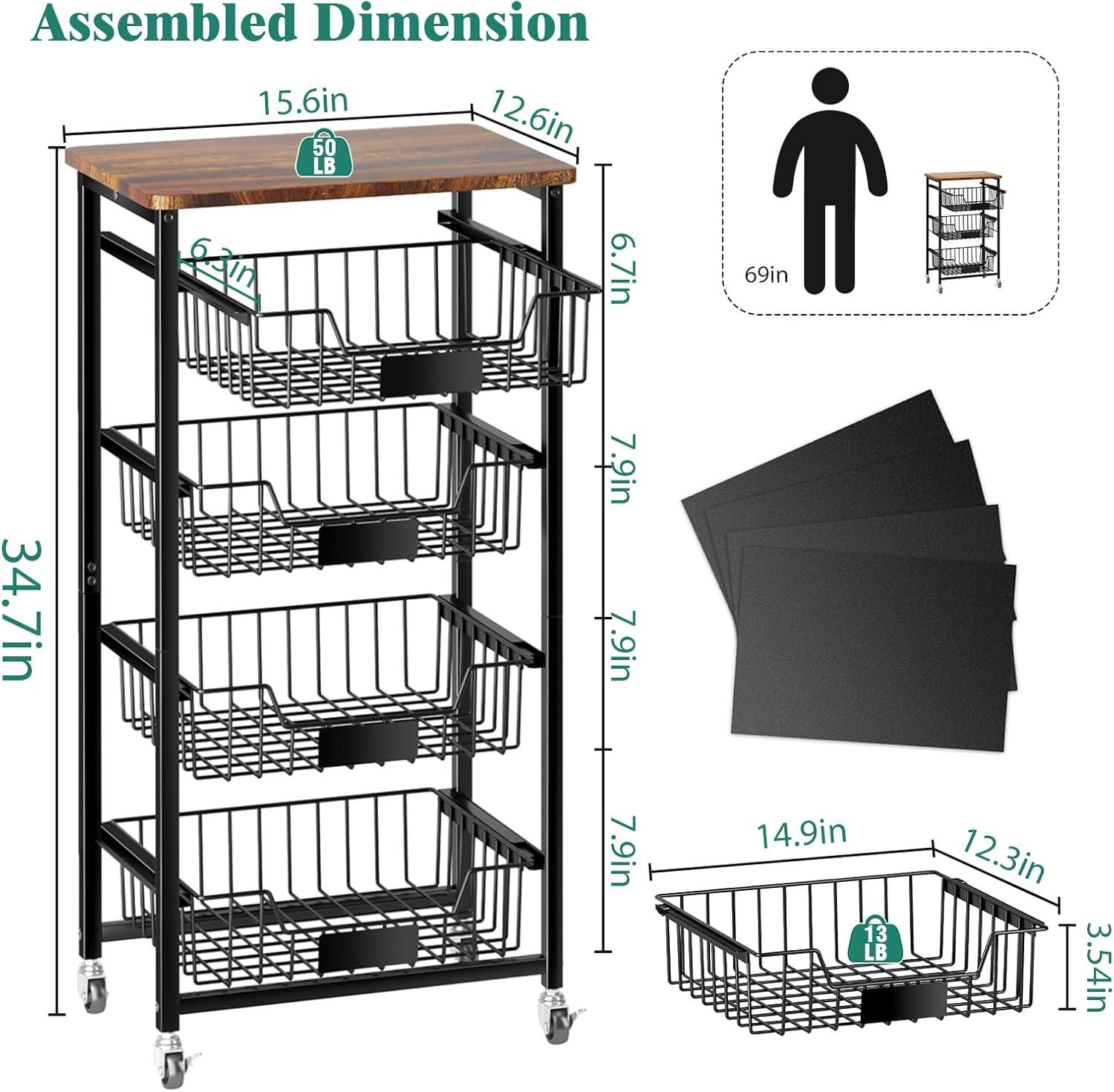 5-Tier Vegetable Fruit Basket Kitchen Storage Rolling Cart on Wheels with Pull-Out Baskets and Wood Top for Kitchen Diningroom Pantry