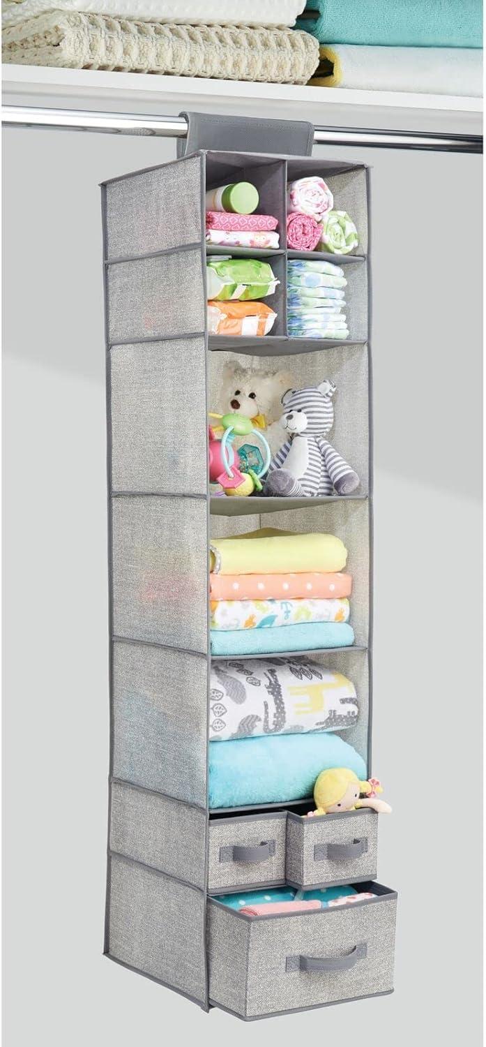 mDesign Fabric Nursery Hanging Organizer with 7 Shelves/3 Drawers, 2 Pack - Gray