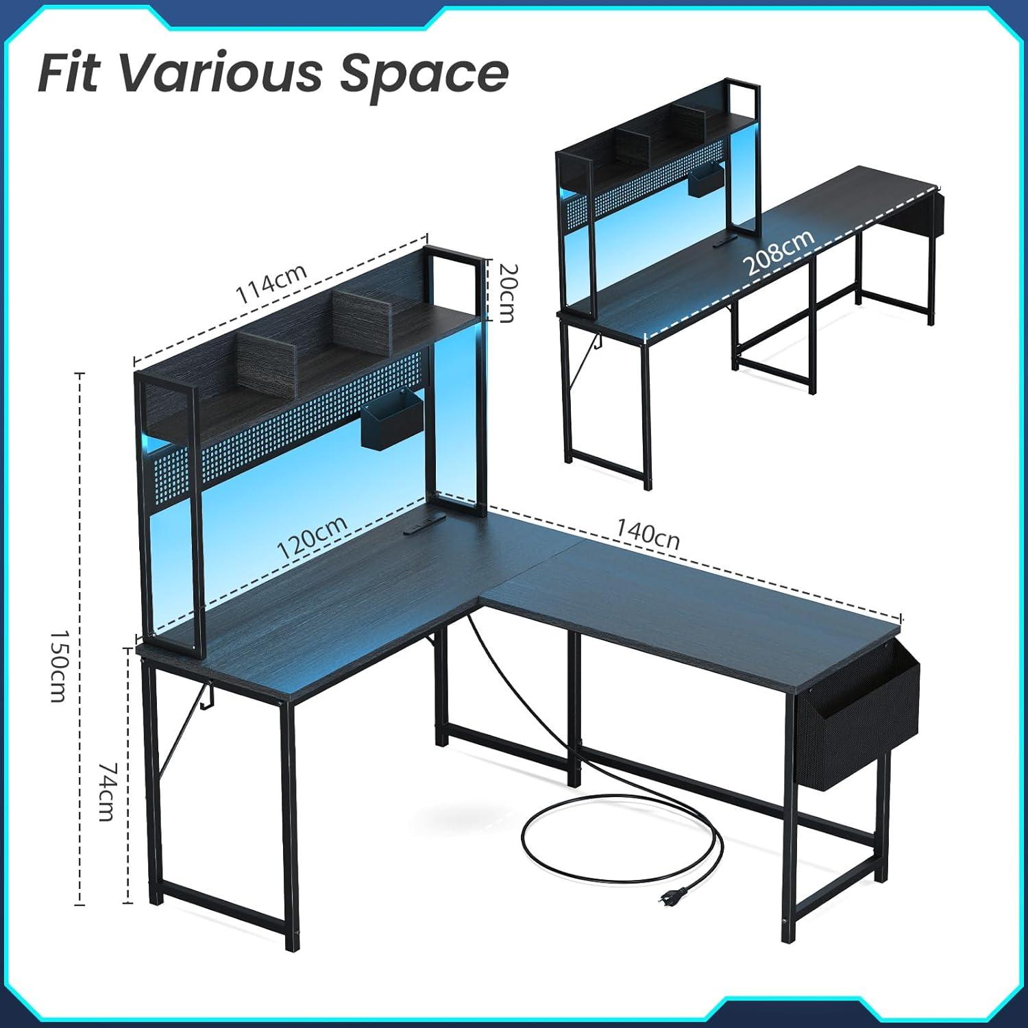 Black L-Shaped Gaming Desk with USB Ports and LED Lights