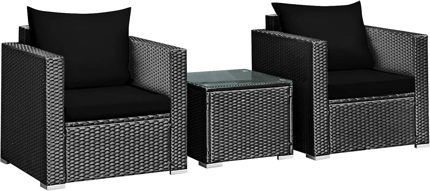 Resenkos 3 Pieces Patio Wicker Conversation Set, Outdoor Furniture Garden Conversation Bistro Sets with Coffee Table and Cushions-Black