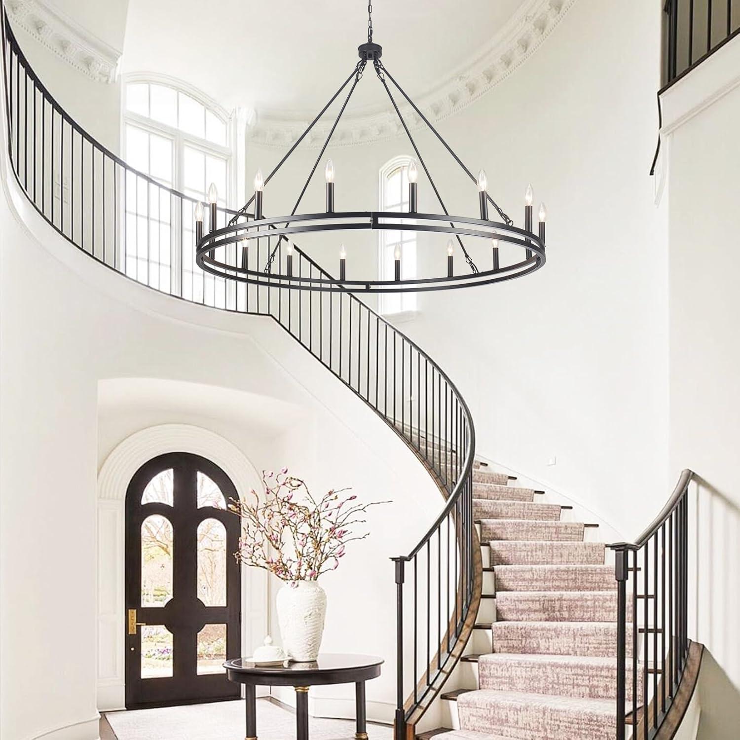 16-Lights Wagon Wheel Chandelier 47 Inch Black Farmhouse Chandelier Large Chandeliers for High Ceilings Round Modern Farmhouse Chandeliers Ceiling Light for Living Room Dining Room Foyer Entryway