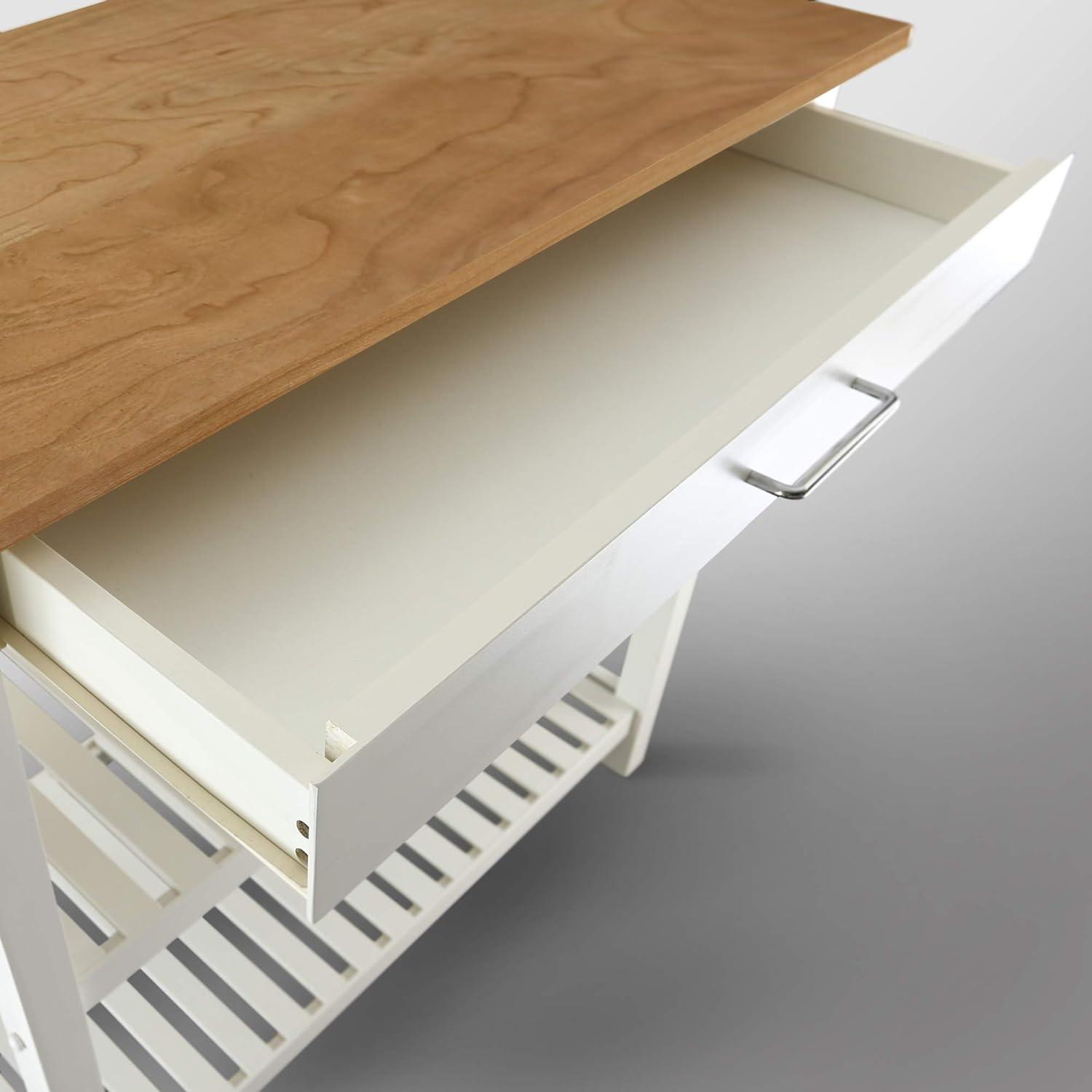 White and Natural Cherry Wood Kitchen Island with Shelves