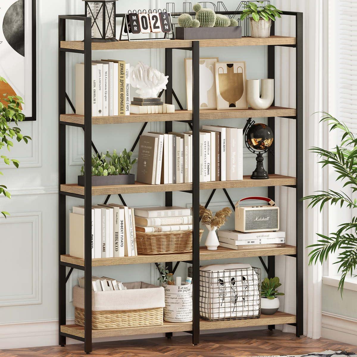 Rustic Oak and Black Industrial 5-Tier Bookshelf