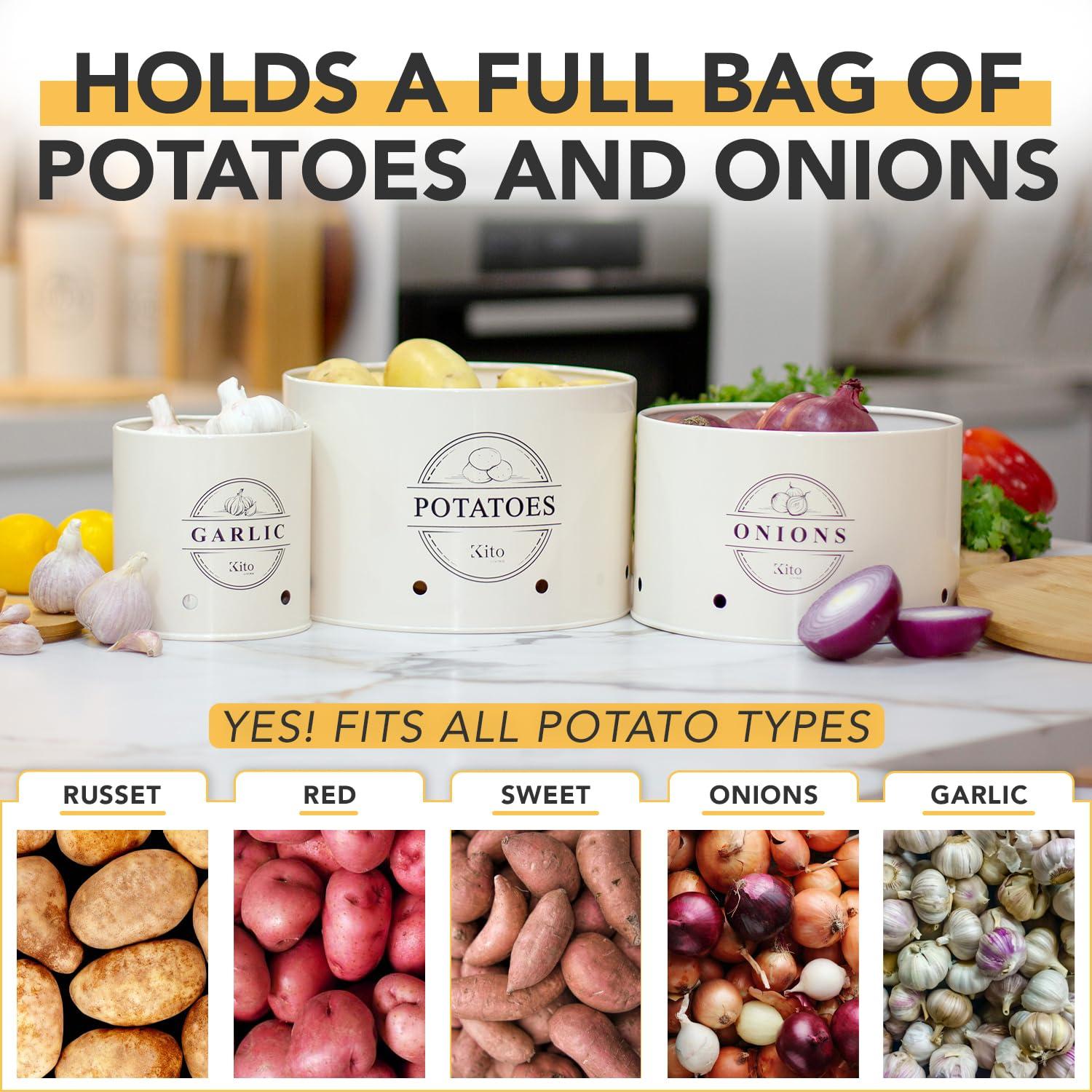 Canisters Sets for Kitchen Counter Storage and Organization with Wooden Bamboo Lids, Food Pantry Containers, Stackable Steel Storage Bins, Potato Storage Onion Keeper Garlic - Cream