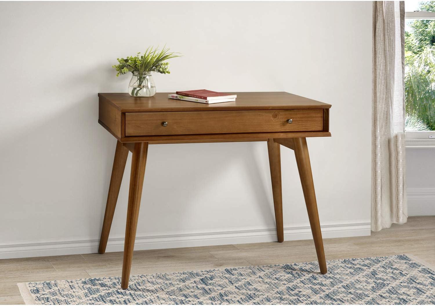 Castanho Brown Mid-Century Modern Solid Wood Writing Desk with Drawer