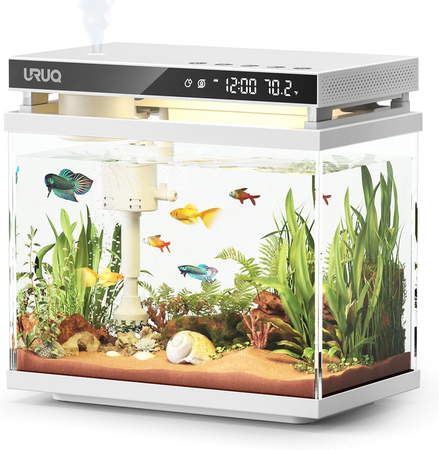Latitude Run® Fish Tank Smart Aquarium Kit: 2 Gallon UHD Glass Silent Water Pump Self Cleaning Multi Layer Filtration System - Temperature Sensing 7-Color Lighting For Small Fish Betta Kids Room Desktop Decor