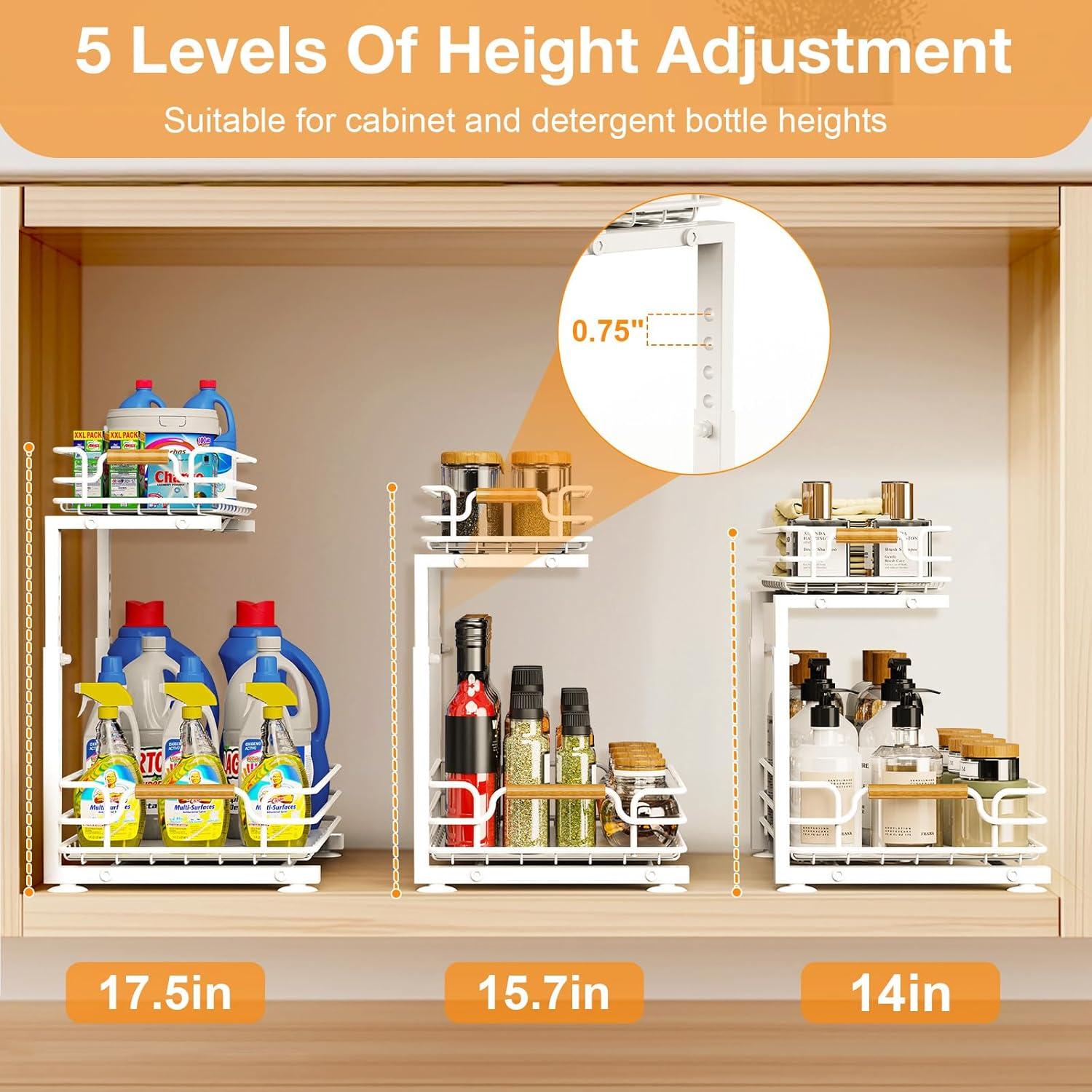 Sink Organizer, 2 Pack 2 Tier Sink Organizer and Storage, Slide-Out Pull-Out Cabinet Organizer, Sliding Metal Drawer for Home Kitchen, Bathroom, Pantry