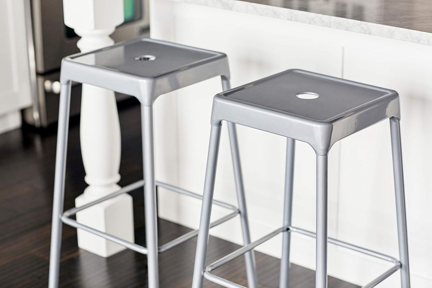 Silver Powder-Coated Steel Square Counter Stool with Footrest