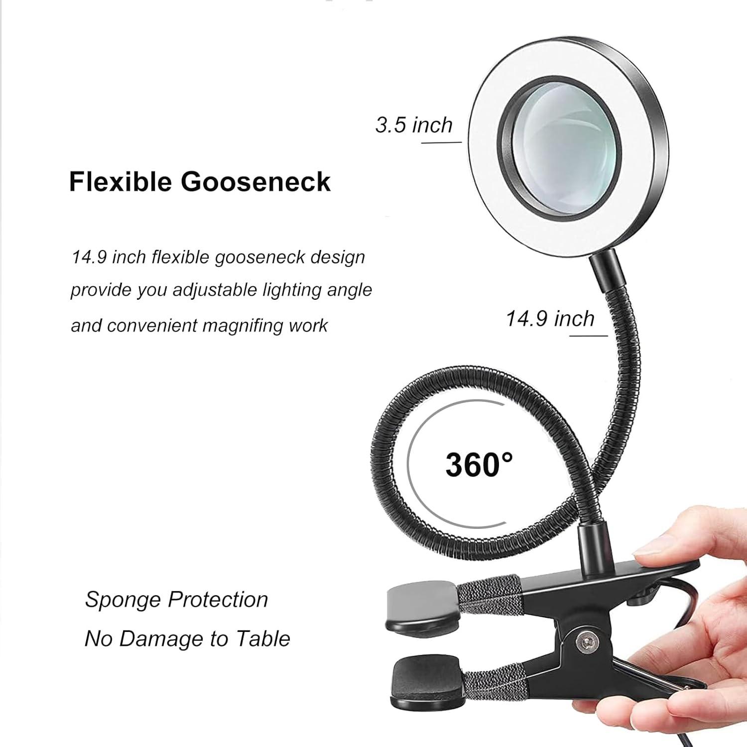 Desk Magnifying Glass with Light 10x, Magnifer with 3 Light Color, 10 Adjustable Brightness, Flexible Gooseneck, Magnifying Lamp with Clamp for Craft, Diamond Painting, Soldering, Elderly