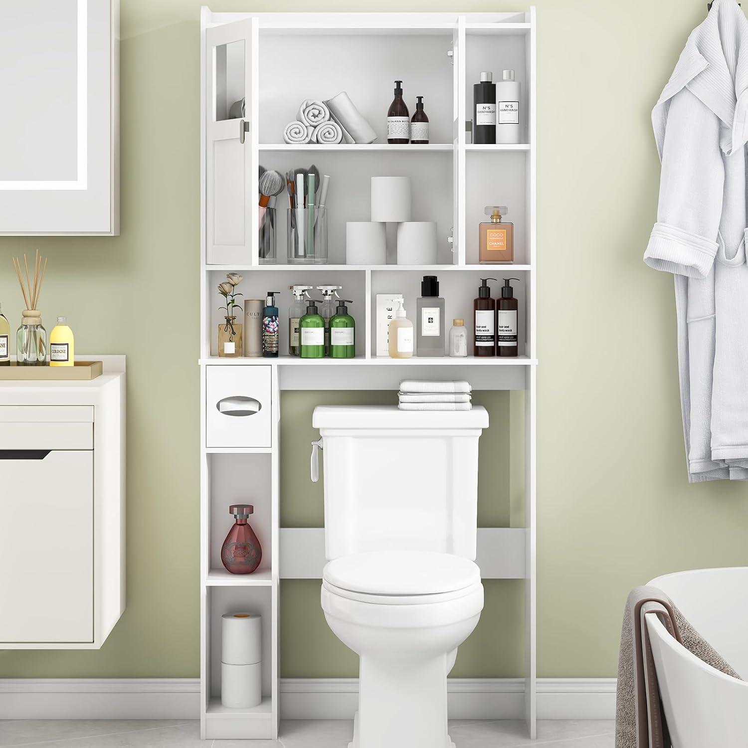 White Adjustable Over-the-Toilet Storage Cabinet with Glass Doors