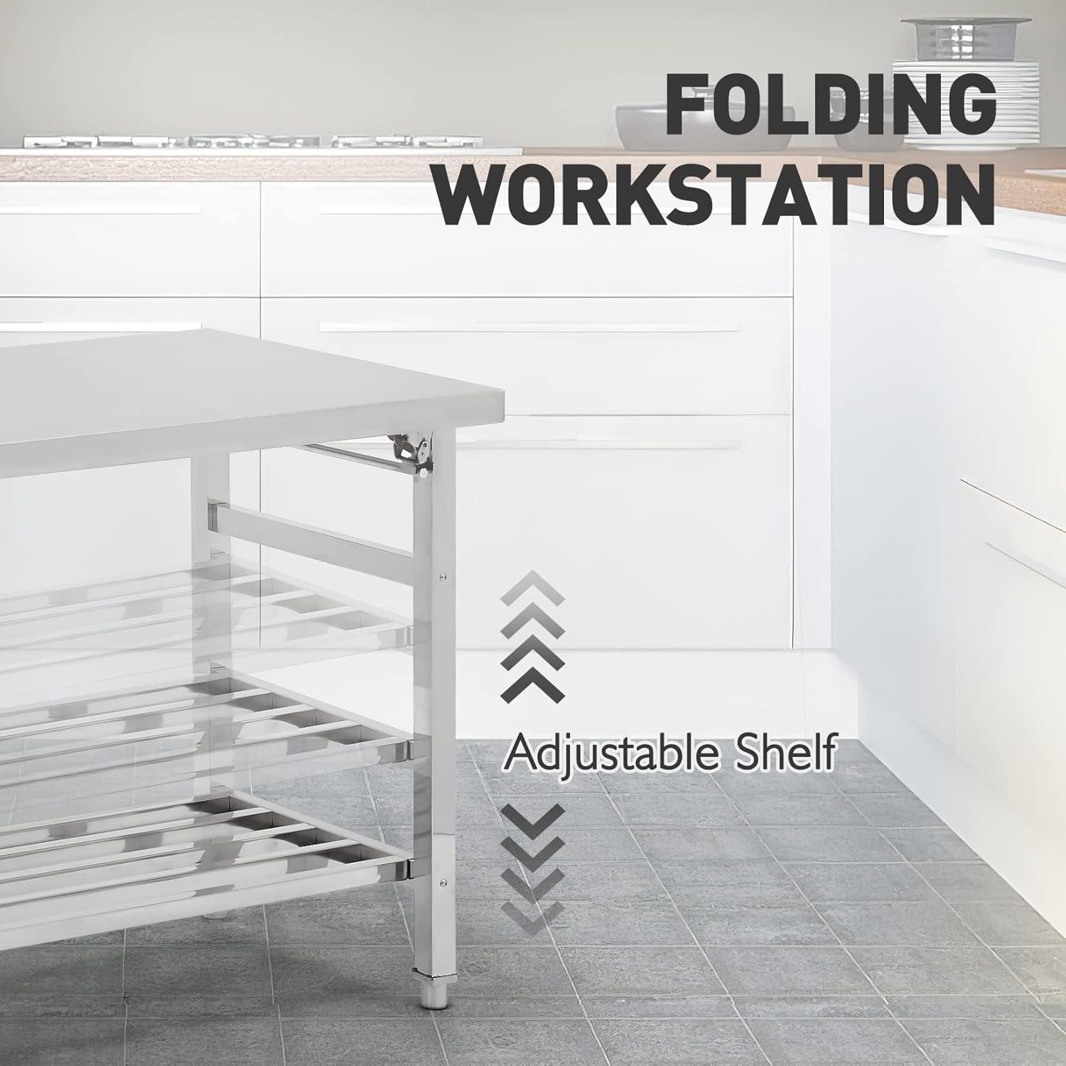 Foldable Stainless Steel Working Table, Heavy Duty Prep Table with Adjustable Undershelf