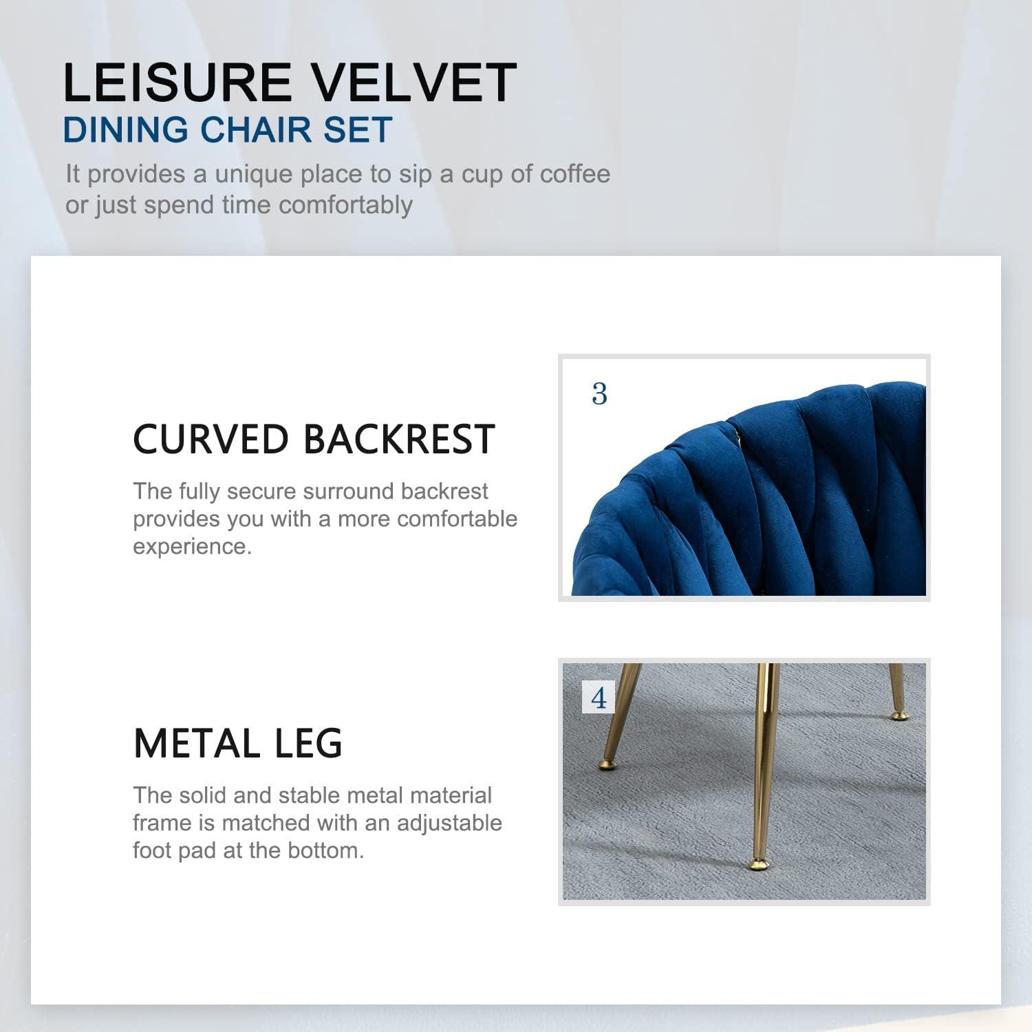 Mercer41 Dining Chairs Set of 2, Woven Upholstered Dining Chairs with Gold Metal Legs(Navy Velvet)