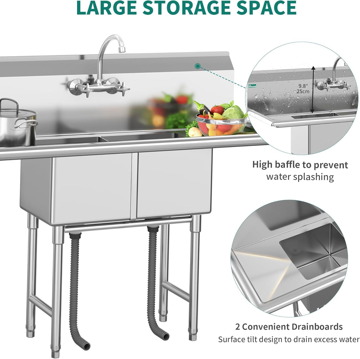 Stainless Steel Freestanding 2-Compartment Sink with Double Drainboard