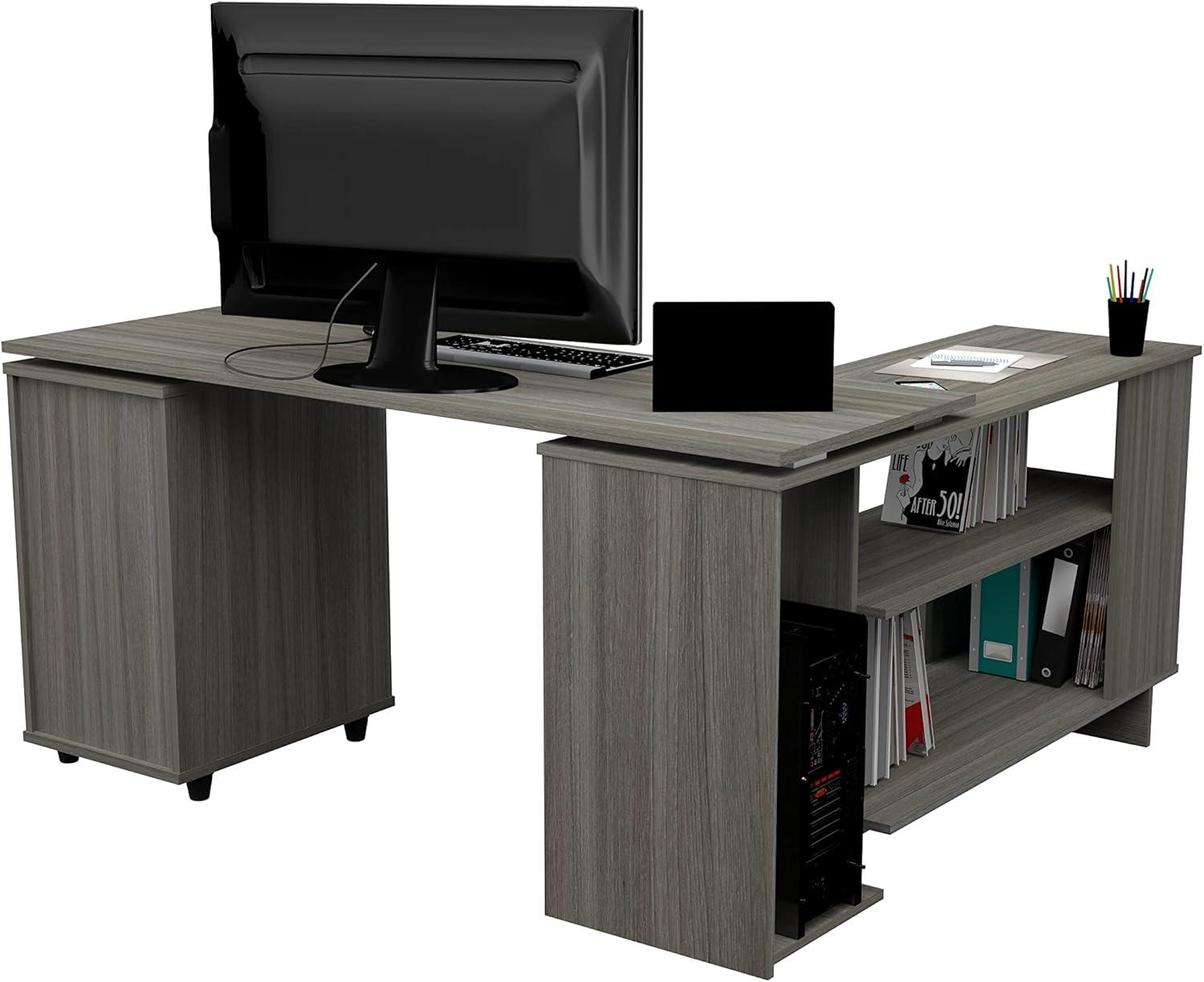 Inval L-Shaped Reversible Computer Desk, Smoke Oak