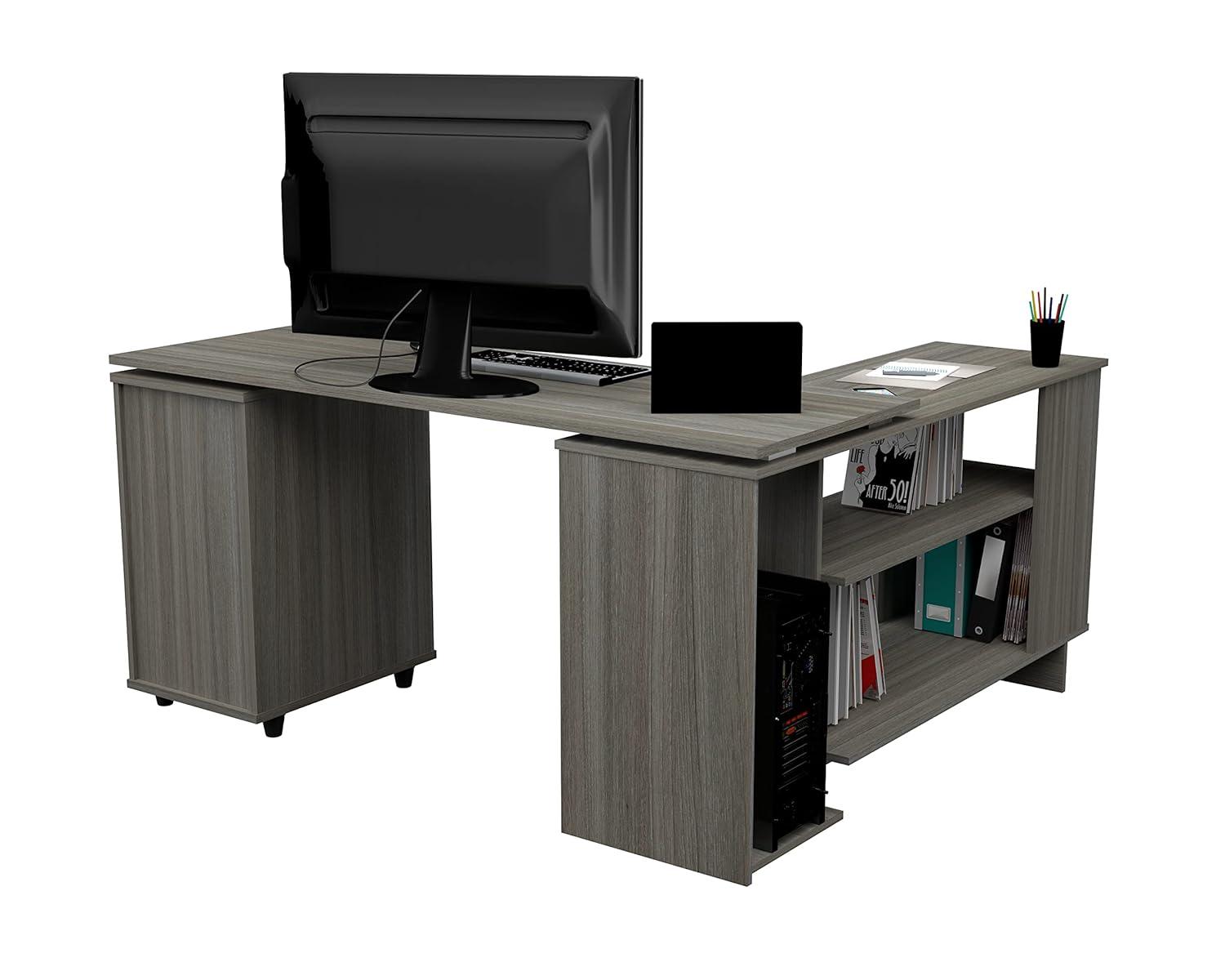Inval L-Shaped Reversible Computer Desk, Smoke Oak