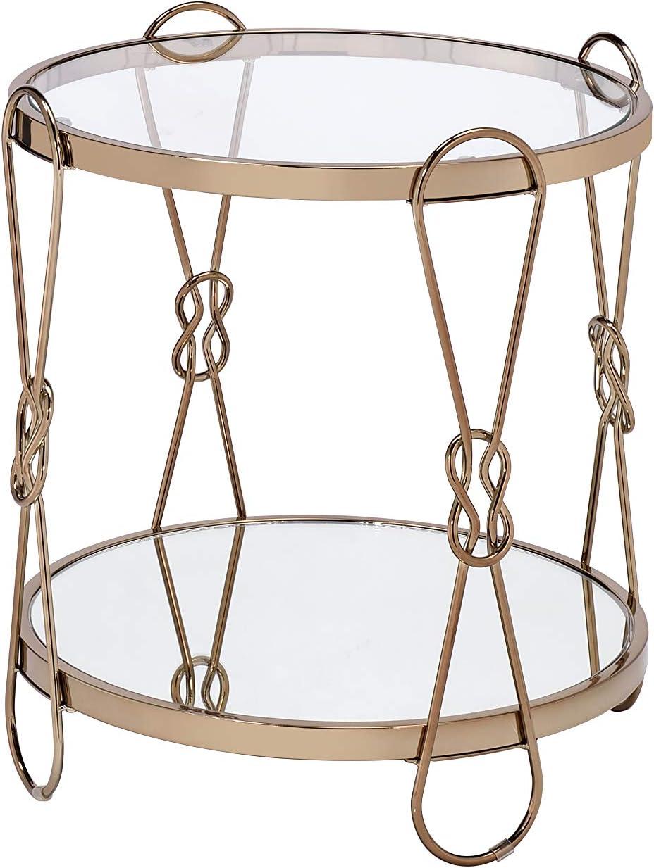 Zekera 20" Round Champagne Metal & Glass End Table with Mirrored Storage