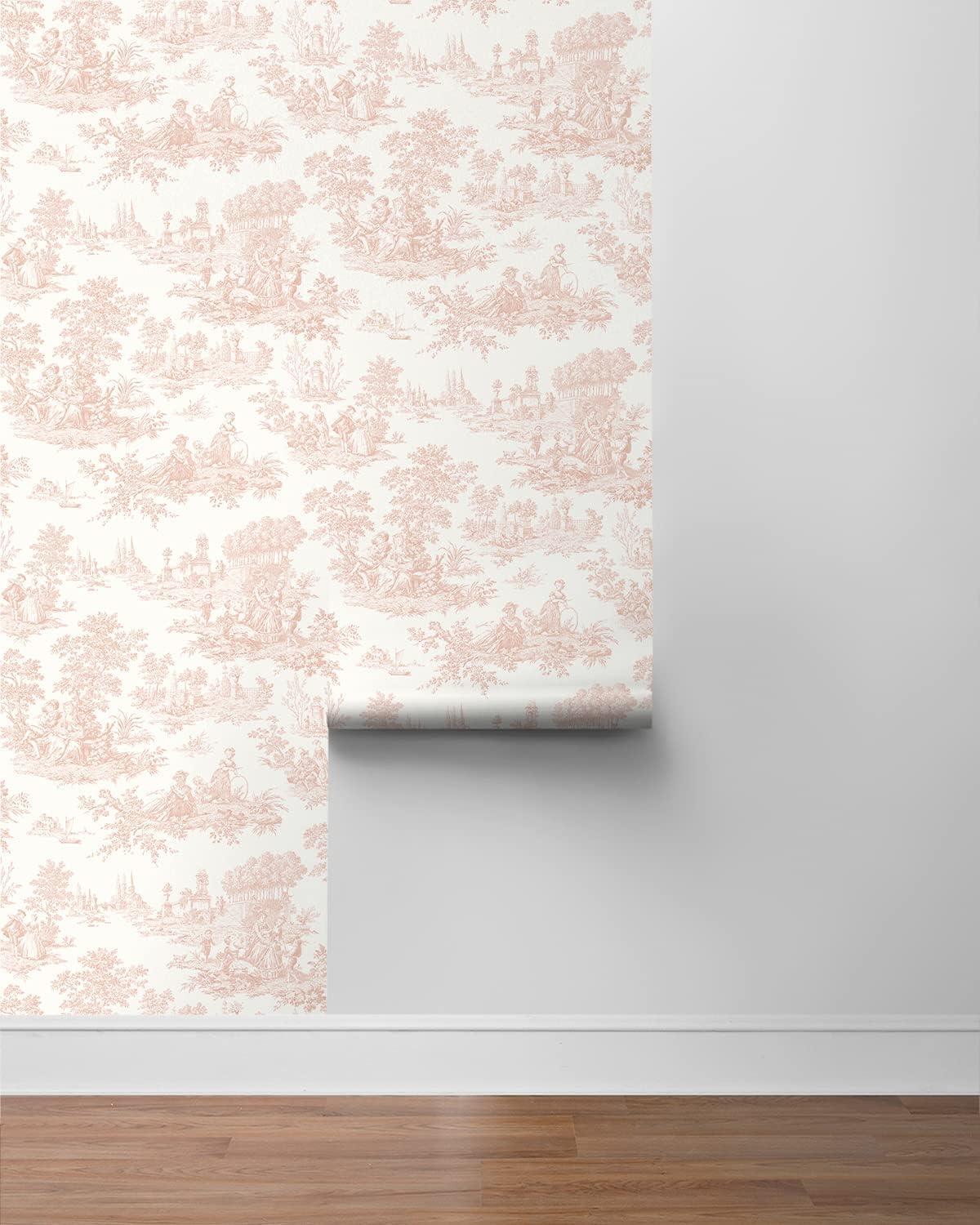 NextWall Chateau Toile Peel and Stick Wallpaper Pink: Vintage Vinyl, Self-Adhesive, Repositionable, Washable, 30.75 Sq Ft Coverage