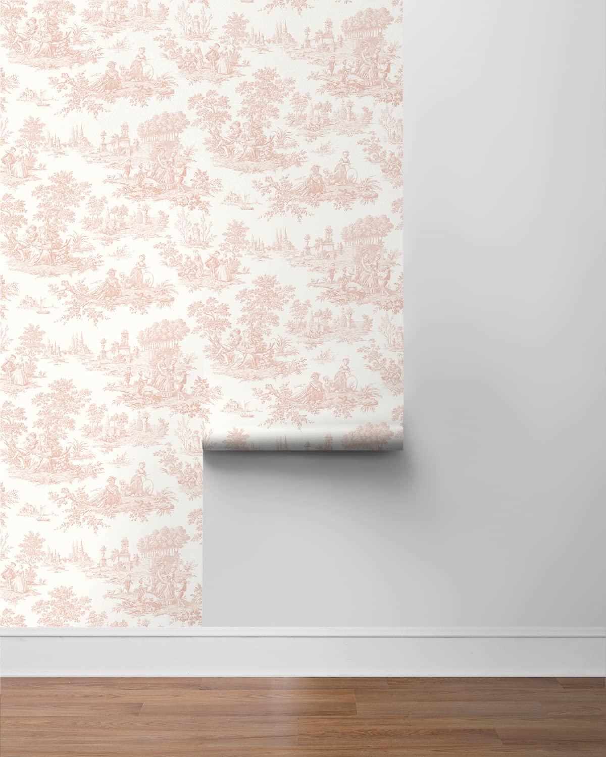 NextWall Chateau Toile Peel and Stick Wallpaper Pink: Vintage Vinyl, Self-Adhesive, Repositionable, Washable, 30.75 Sq Ft Coverage
