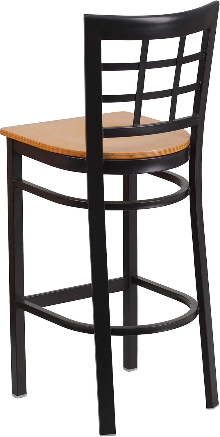 Flash Furniture HERCULES Series Black Window Back Metal Restaurant Barstool - Natural Wood Seat