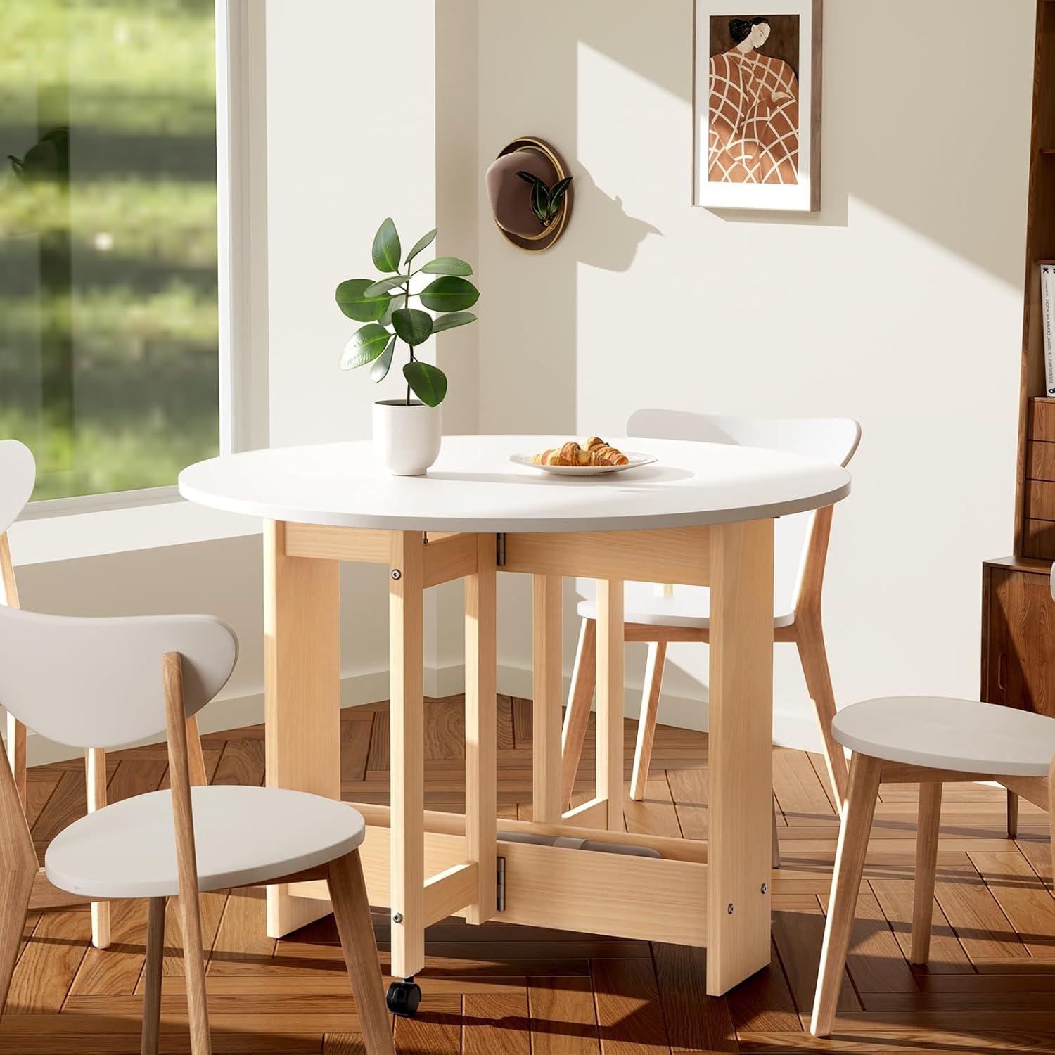 White Round Drop-Leaf Folding Dining Table with Storage