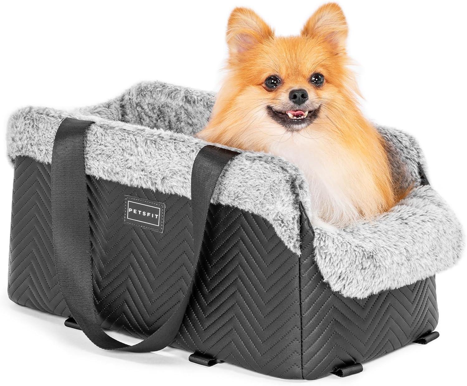 PETSFIT Small Dog Car Seat, Portable Dog Seat for Car with Safe Protective Hooks, Luxury Dog Console Car Seat,Up to 12 lbs,Grey