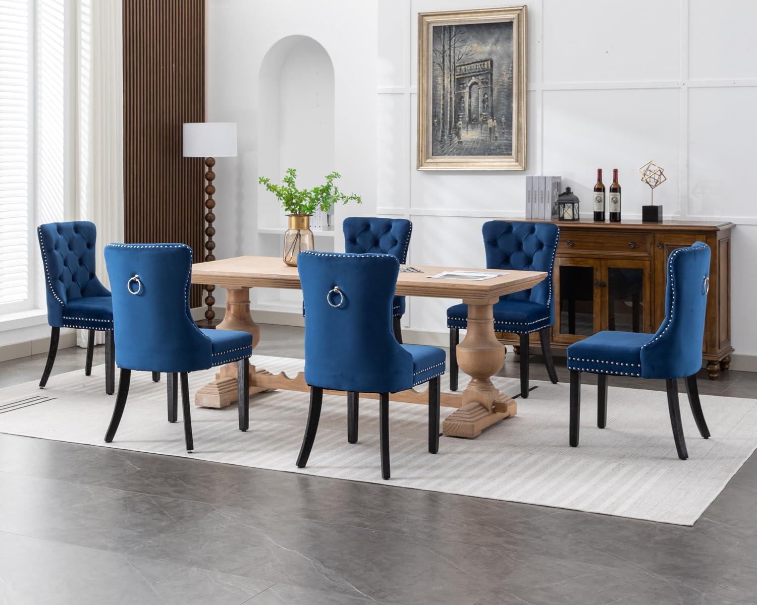 ODUSE-DAILY Velvet Dining Chairs Set of 6, Navy Kitchen & Dining Room Chairs, Tufted Dining Chairs, Fabric Upholstered, Solid Wood, Sillas De Comedor (Blue, 6 Pcs)