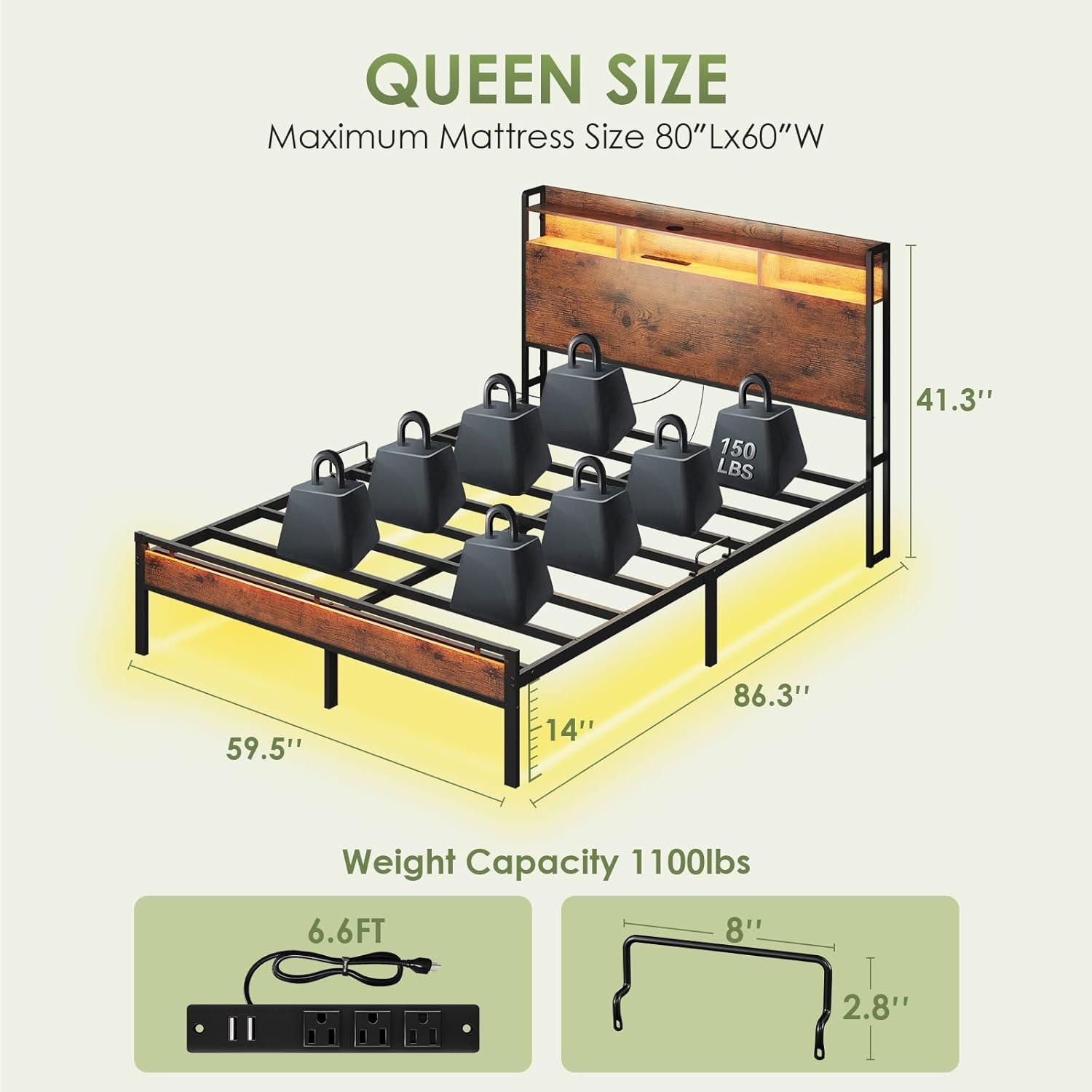 KKL Twin Bed Frames, Storage Headboard with Charging Station, RGB Light Strips, Solid and Stable, Noise Free, No Box Spring Needed, Easy Assembly, Rustic Brown