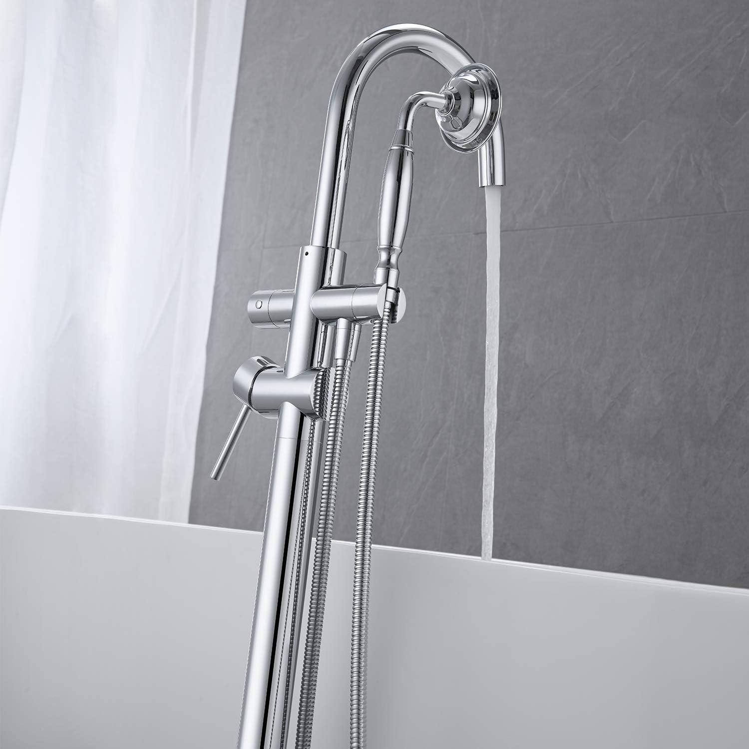 Tub Filler, Freestanding Bathtub Faucet, Floor Mounted Brass Bathroom Tub Faucets with Hand Shower, Chrome