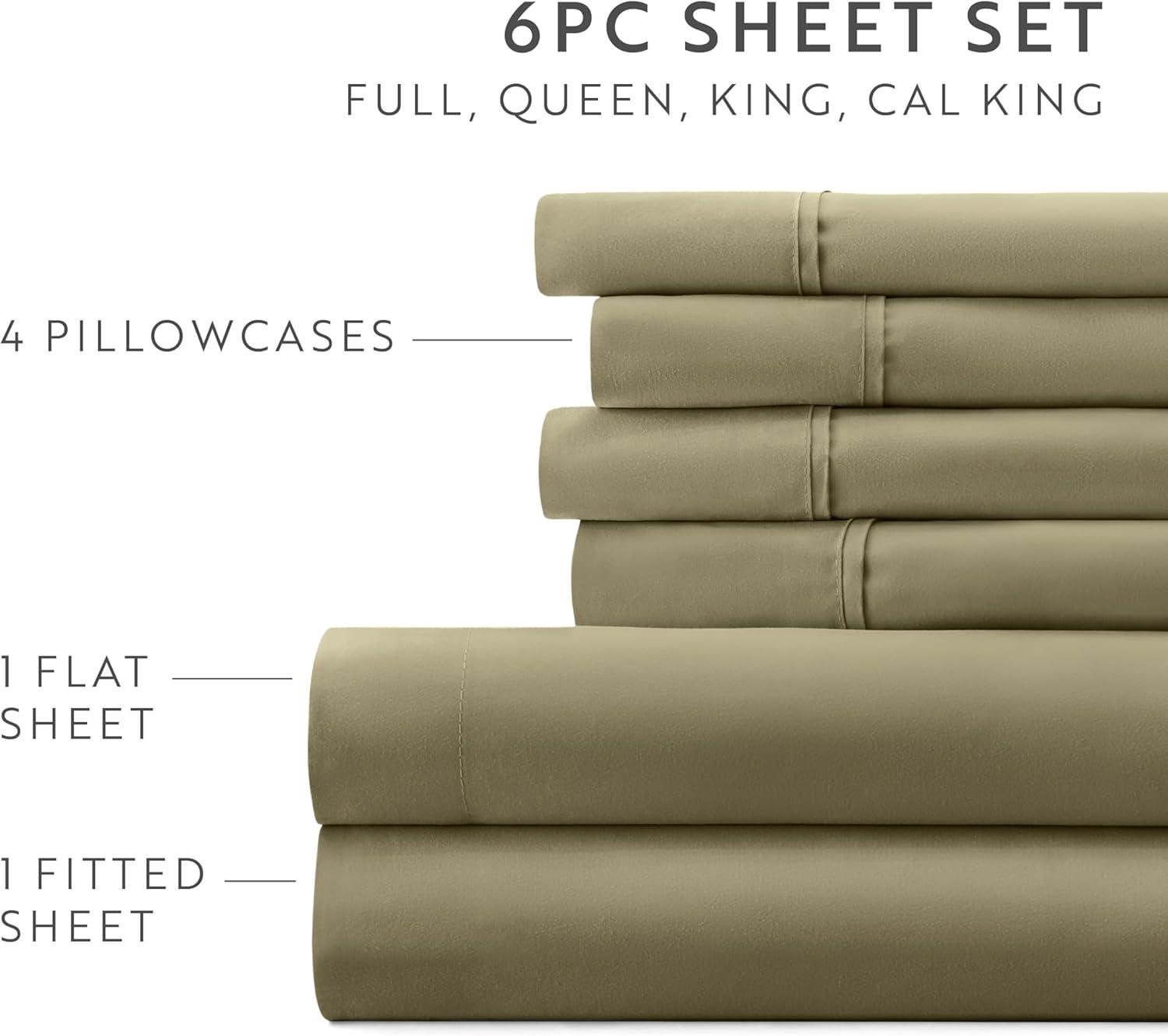 Full, Sage Solid Microfiber 6 Piece Bed Sheet Set, by Noble Linens