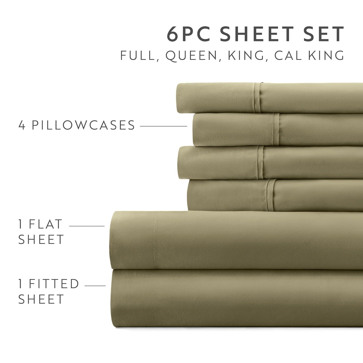 Full, Sage Solid Microfiber 6 Piece Bed Sheet Set, by Noble Linens