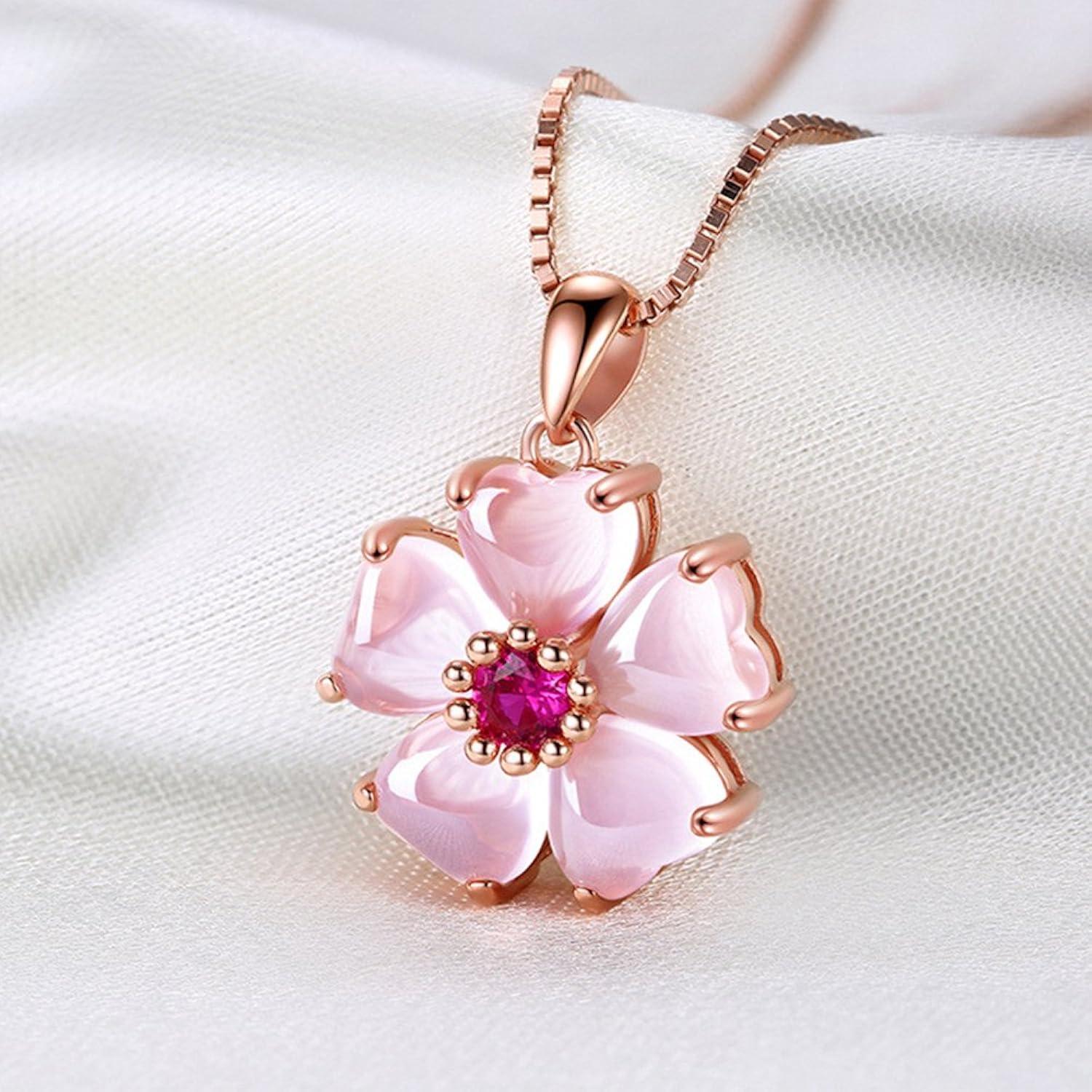 YOUMIYA Rose Gold Cherry Blossoms Necklace for Graduation Pink Beautiful Artificial Stone Crystal Necklace Best Gifts for Women Friend Lover