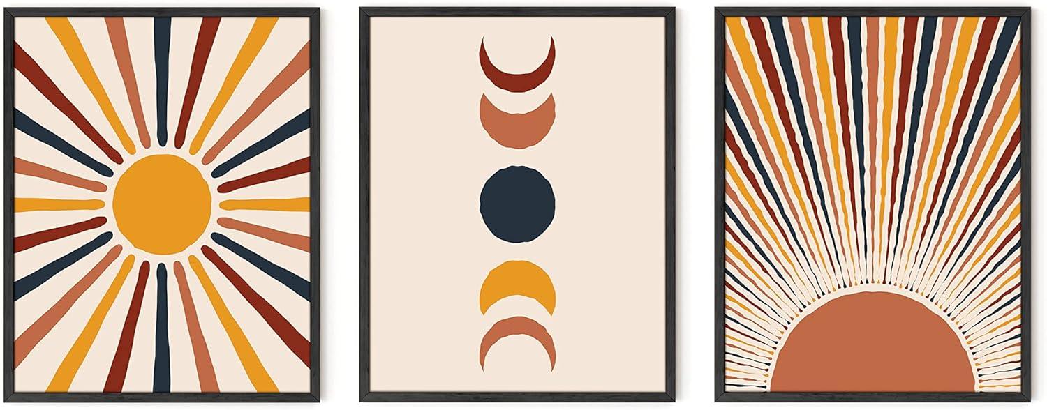 HAUS AND HUES Mid Century Modern Wall Art Boho Wall Decor - Set of 3 Sun Art Print Boho Wall Prints Mid Century Decor | Boho Posters and Prints Moon Wall Art | UNFRAMED (11x14)