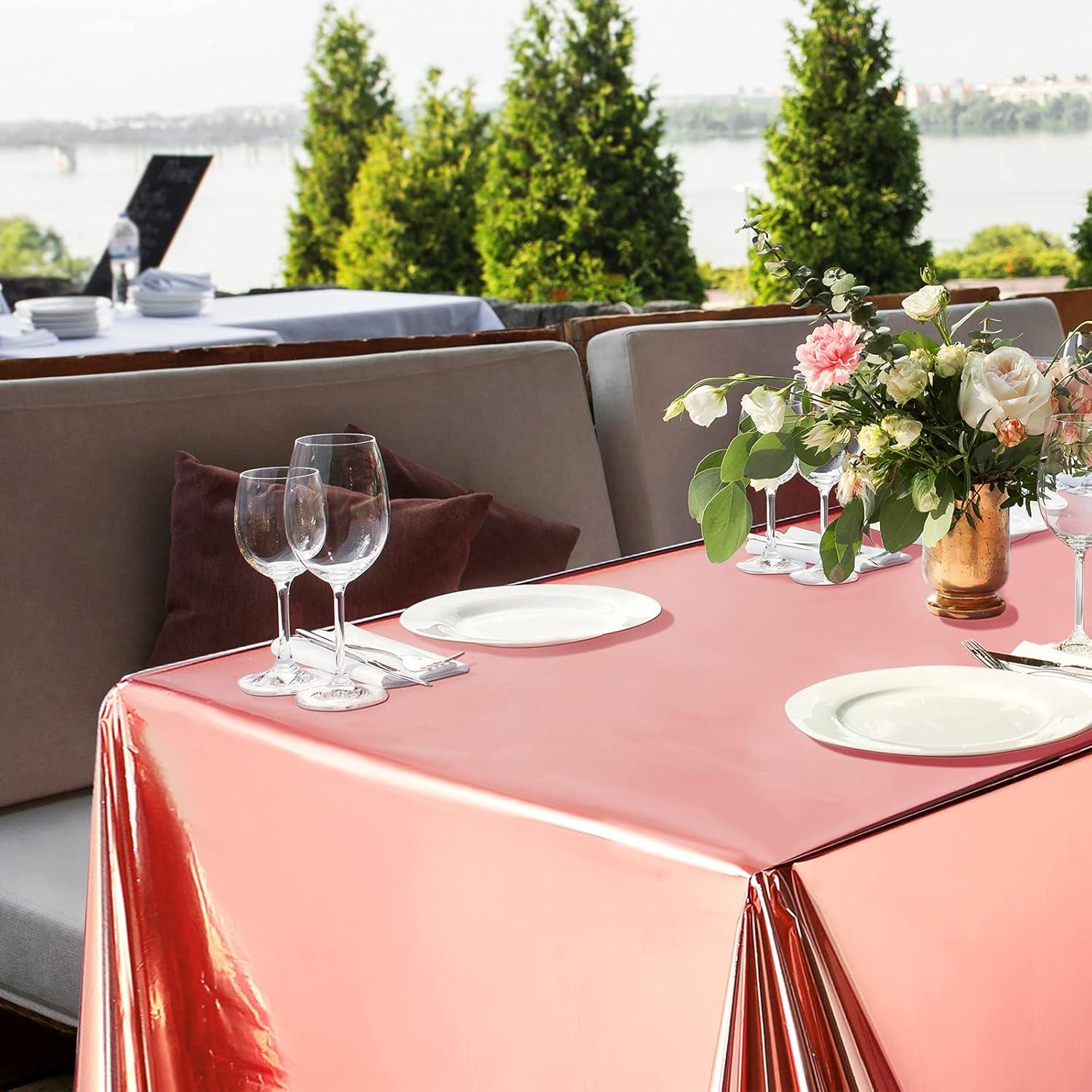 Sparkle and Bash 3 Pack Rose Gold Plastic Tablecloth, Metallic Table Cover Disposable for Pink Birthday Parties, Bridal Shower Decor, 54 x 108 In