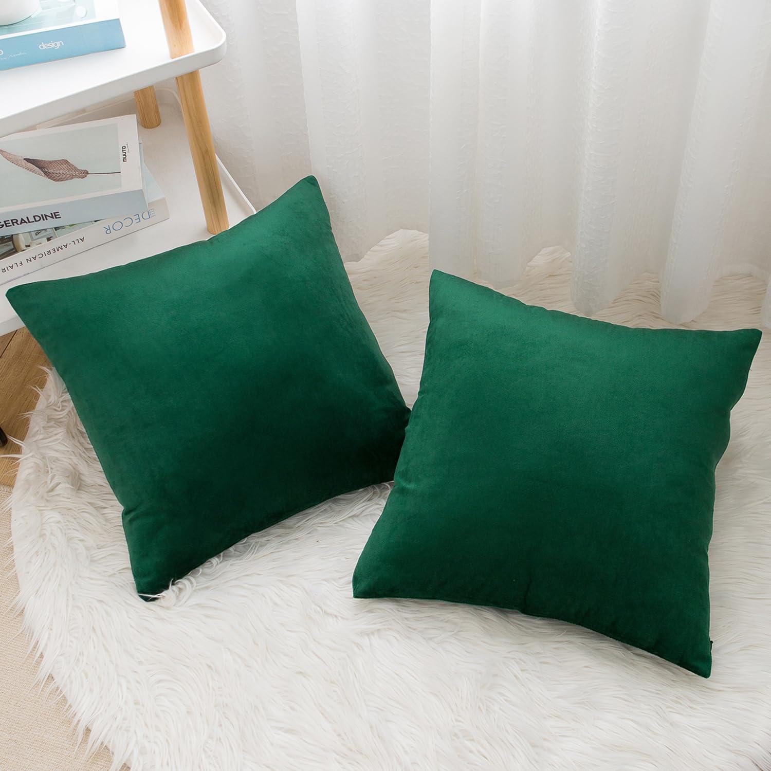 Phantoscope Soft Silky Velvet Series Square Decorative Throw Pillow Cusion for Couch, 20" x 20", Dark Green, 2 Pack