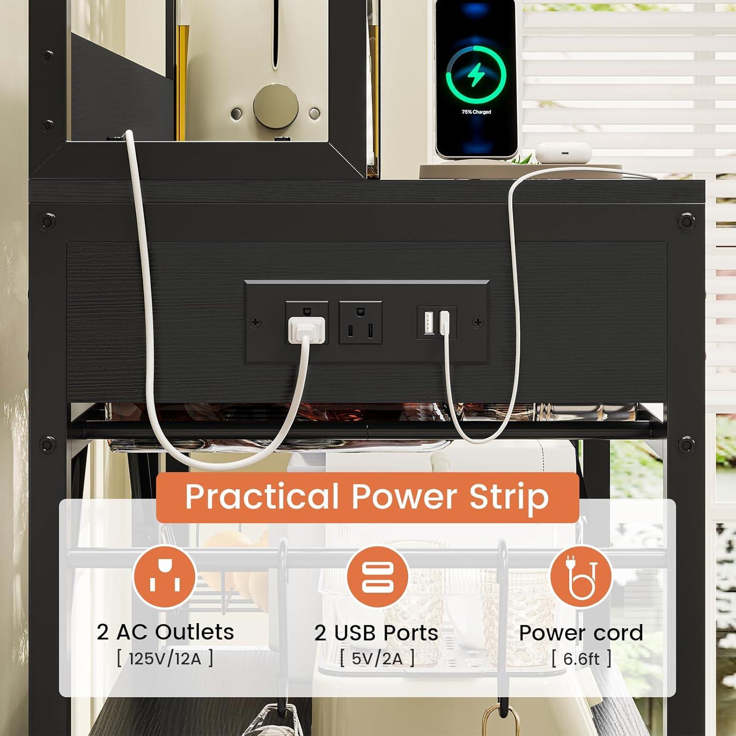 Kitchen Bakers Rack with Storage Shelves, Microwave Stand with Power Outlet and LED Light, Coffee Bar Cabinet Wire Basket Metal Grid Wine Rack Goblet Holder Hooks (Black, Small)