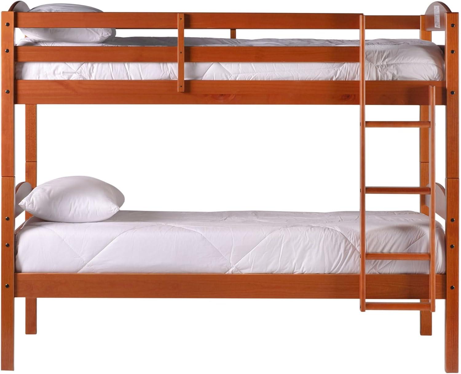 Walker Edison Transitional Twin-over-Twin Solid Wood Bunk Bed Frame in Cherry