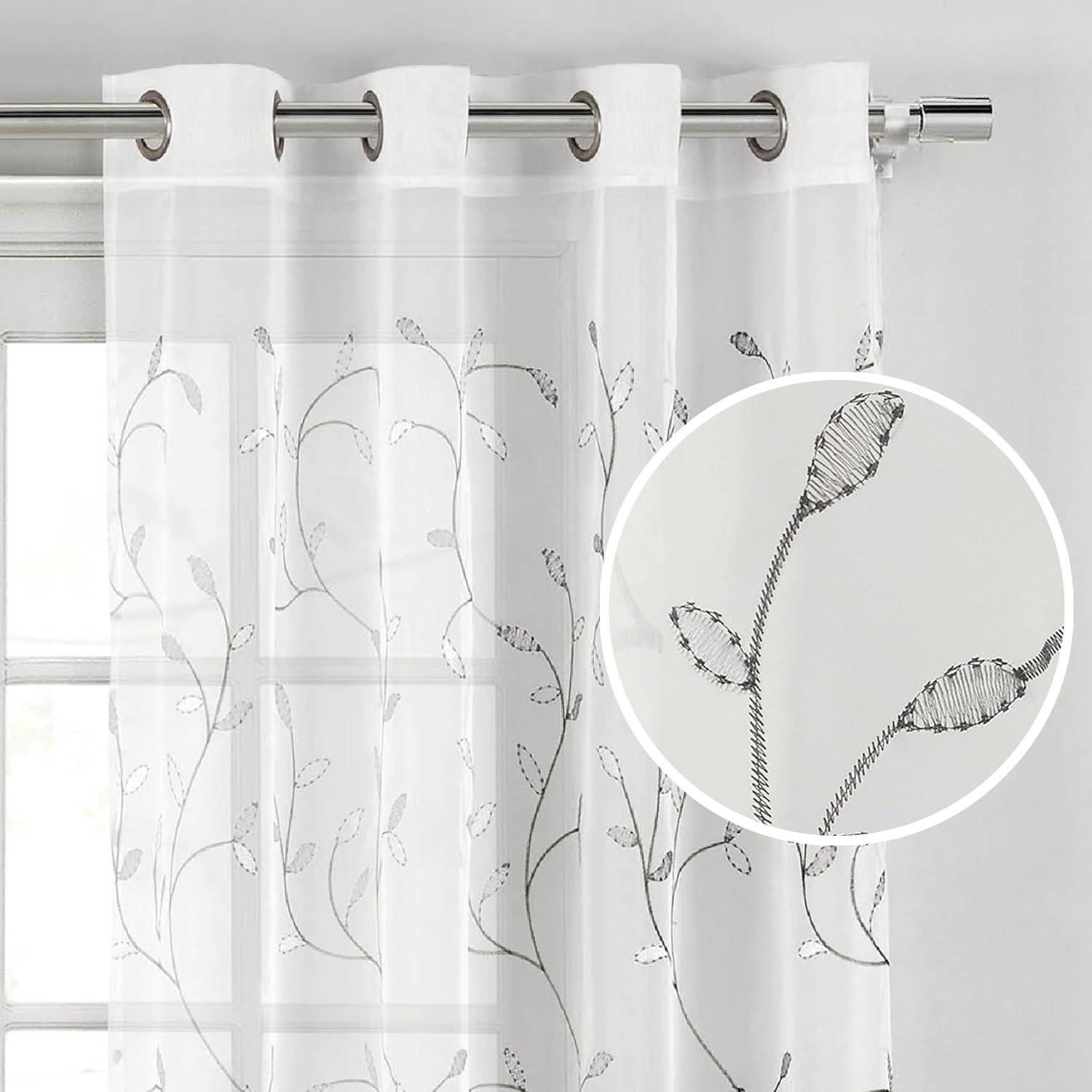 Grommet Curtain Panel, Embroidered Sheer Extra-Wide, Silver 54" x 84"